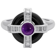 18 Karat White Gold Diamond Amethyst and Onyx Ring