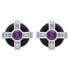 18 Karat White Gold Diamond Amethyst and Onyx Stud Earrings