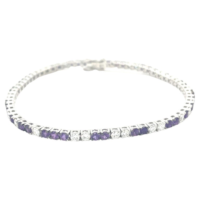 18 Karat White Gold Diamond Amethyst Tennis Bracelet For Sale at