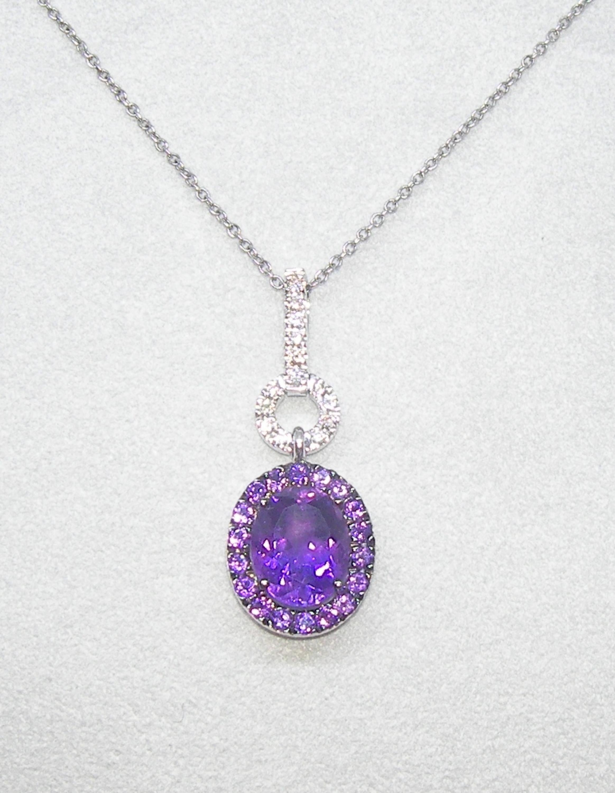 Oval Cut 18 Karat White Gold Diamond and Amethyst Pendant with Chain For Sale