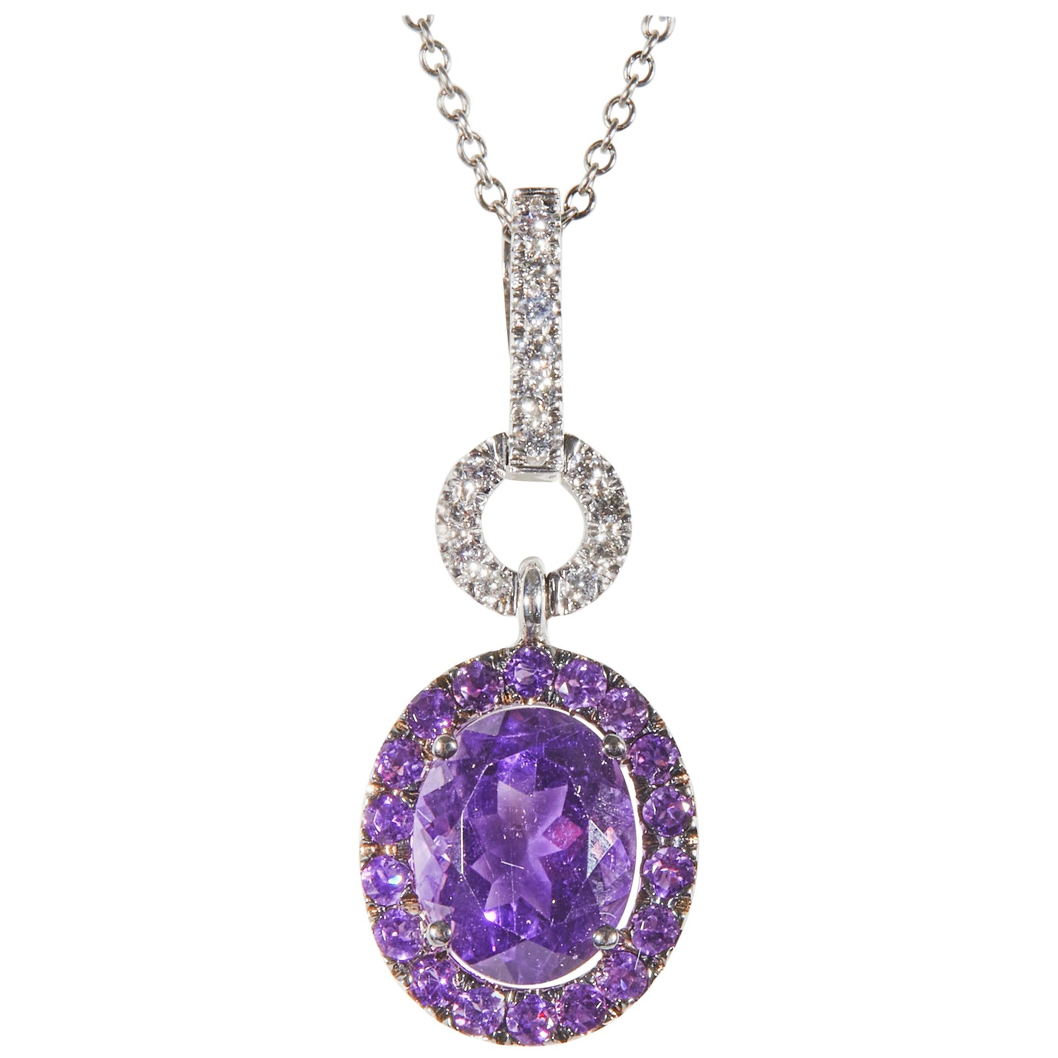 18 Karat White Gold Diamond and Amethyst Pendant with Chain For Sale