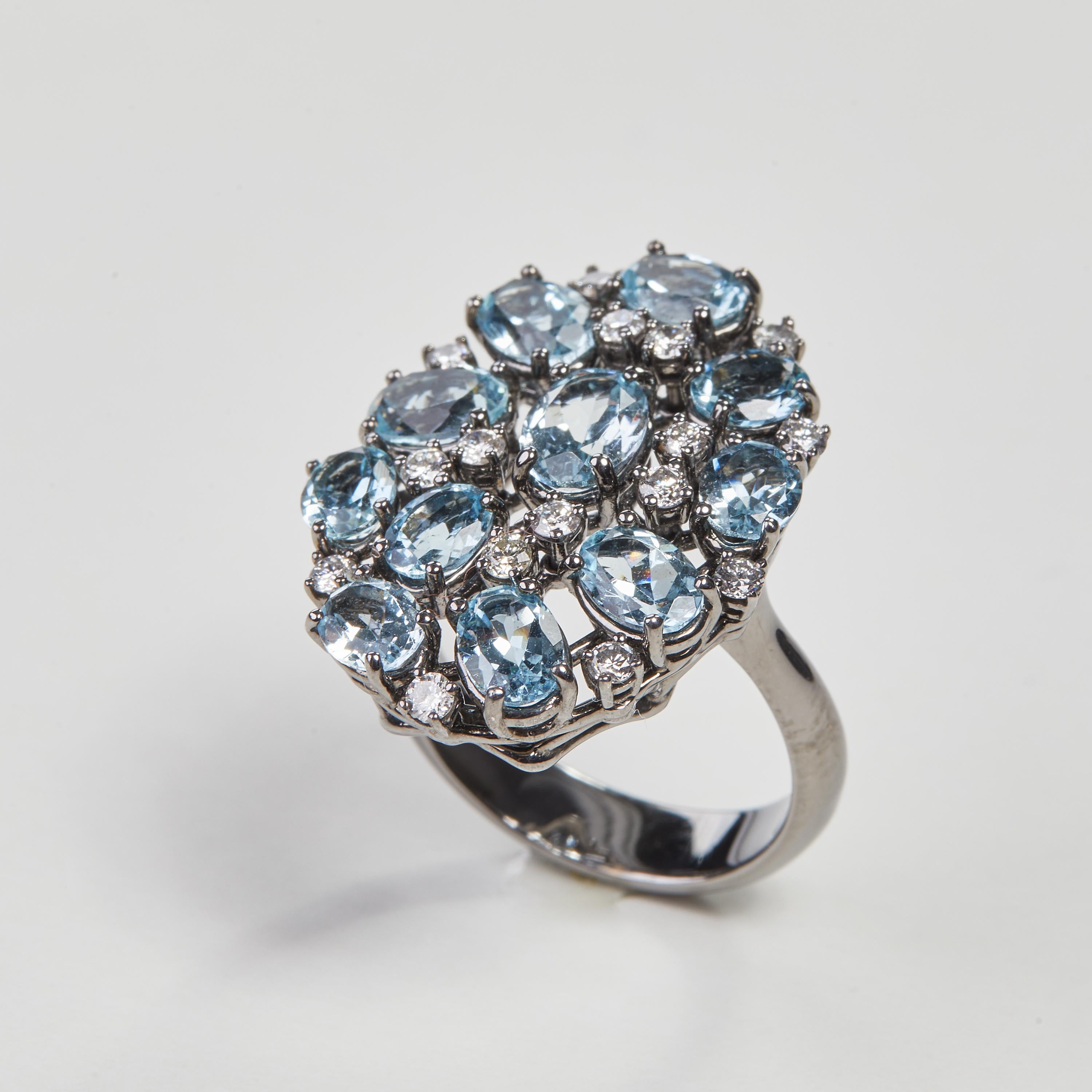 
Beautiful 18 Karat white gold cocktail ring with  diamonds and Aquamarine .This ring combines classical with modern elements and can be worn every day! 
16 Diamonds0.56 carat GVS
11 Aquamarine 4,62 ct.
 





Size EU 53.5 US 6.5


Founded in 1974,