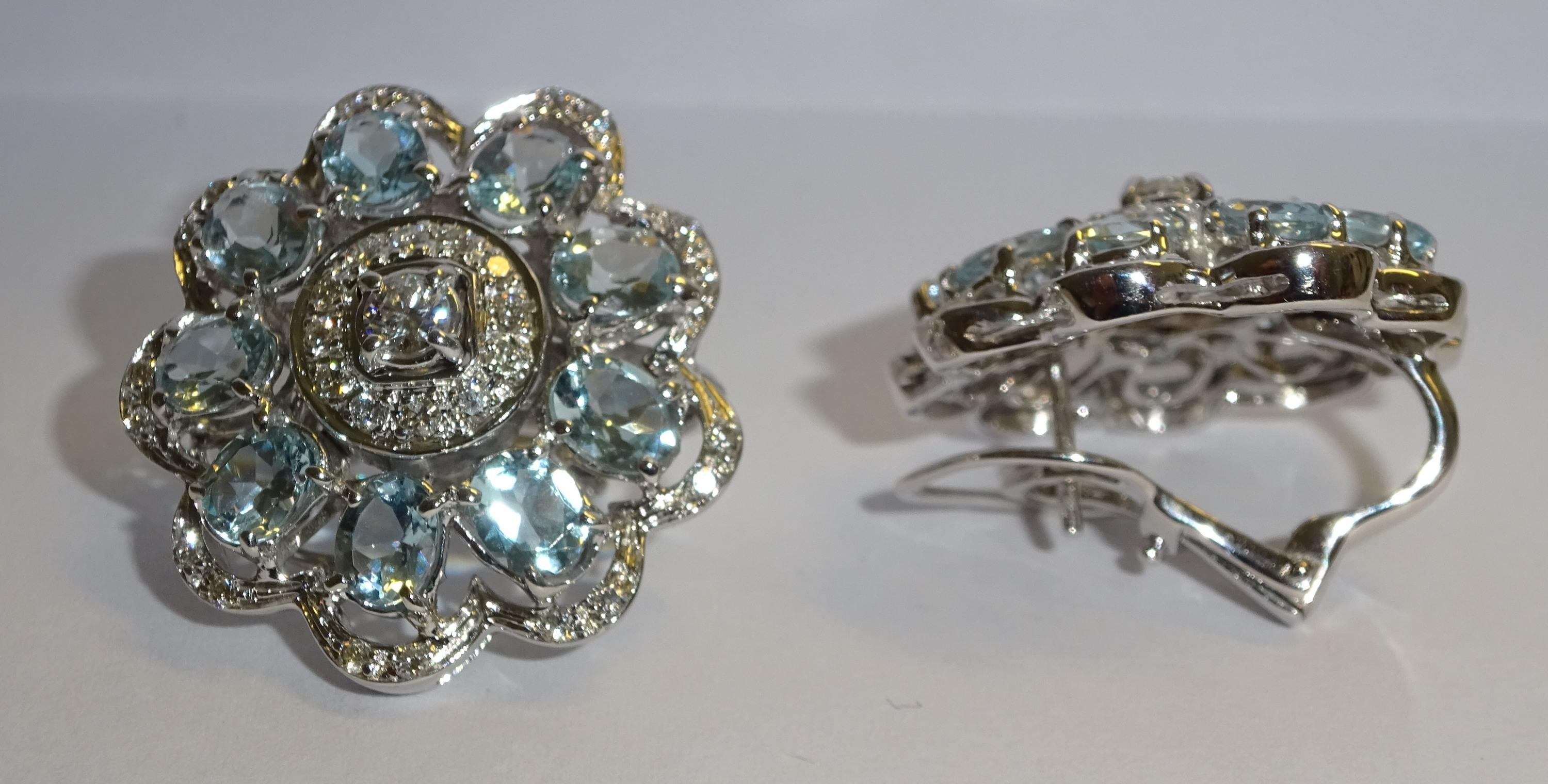 Oval Cut 18 Karat White Gold Diamond and Aquamarine Earrings For Sale