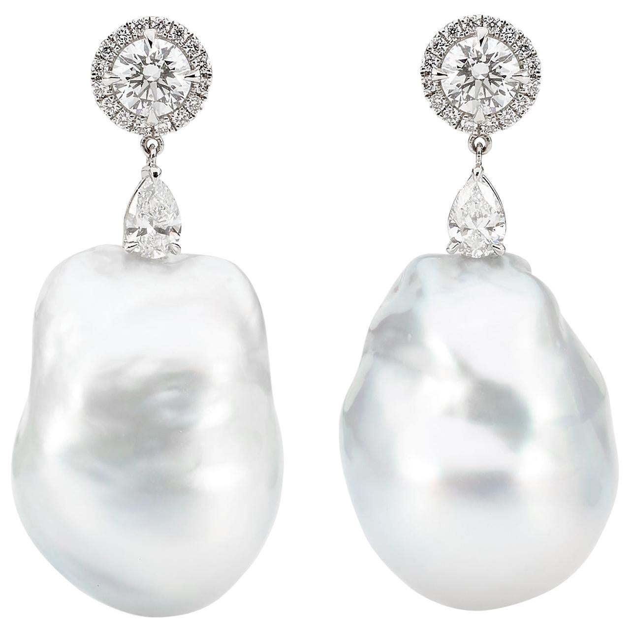 18 Karat White Gold Diamond and Baroque Pearl Earring For Sale