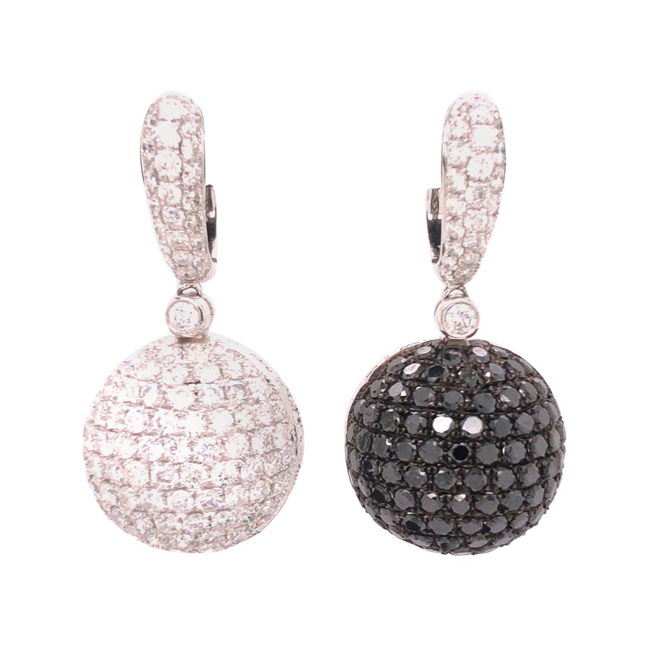 18 Karat White Gold Diamond and Black Diamond Ball Earrings