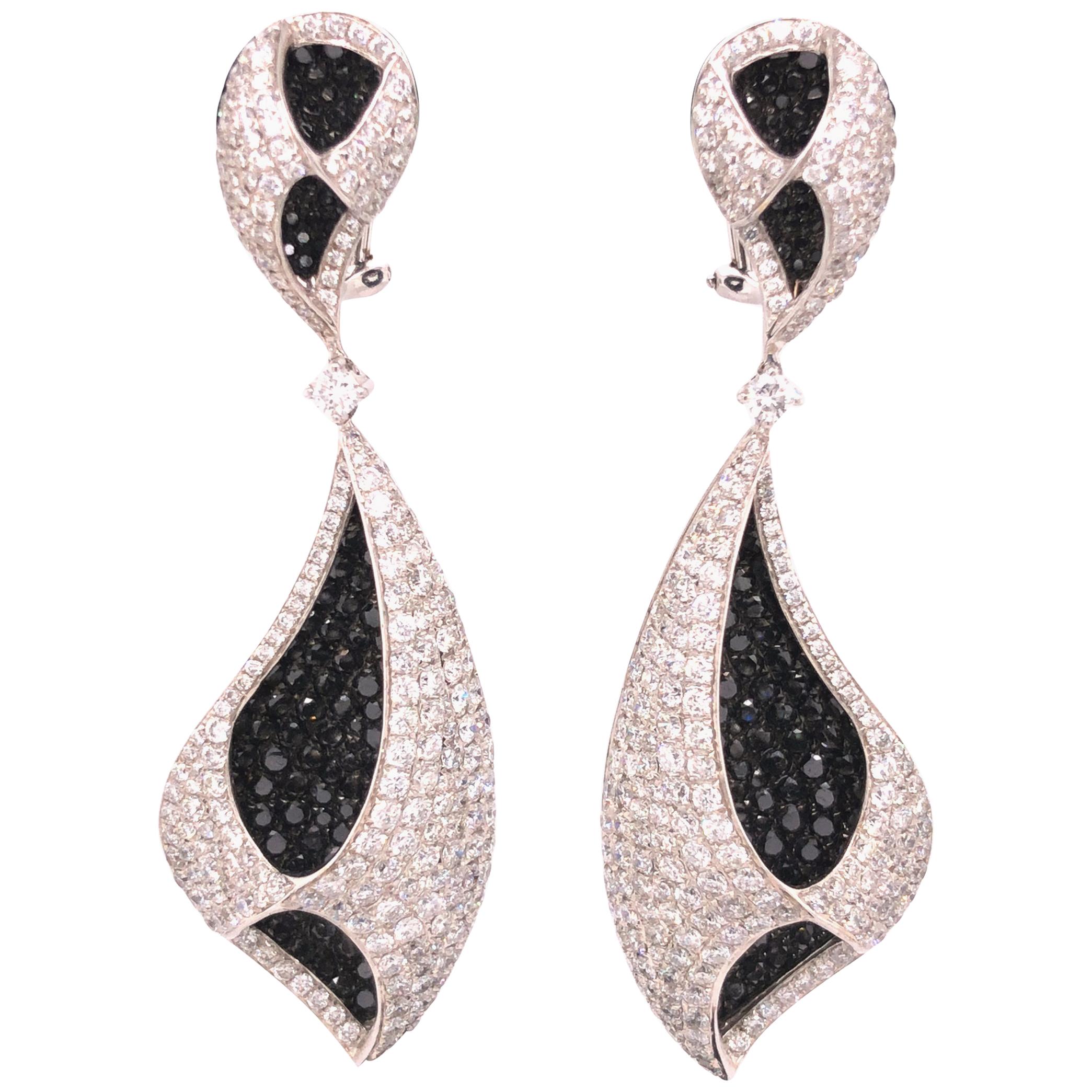 18 Karat White Gold Diamond and Black Diamond Earrings For Sale
