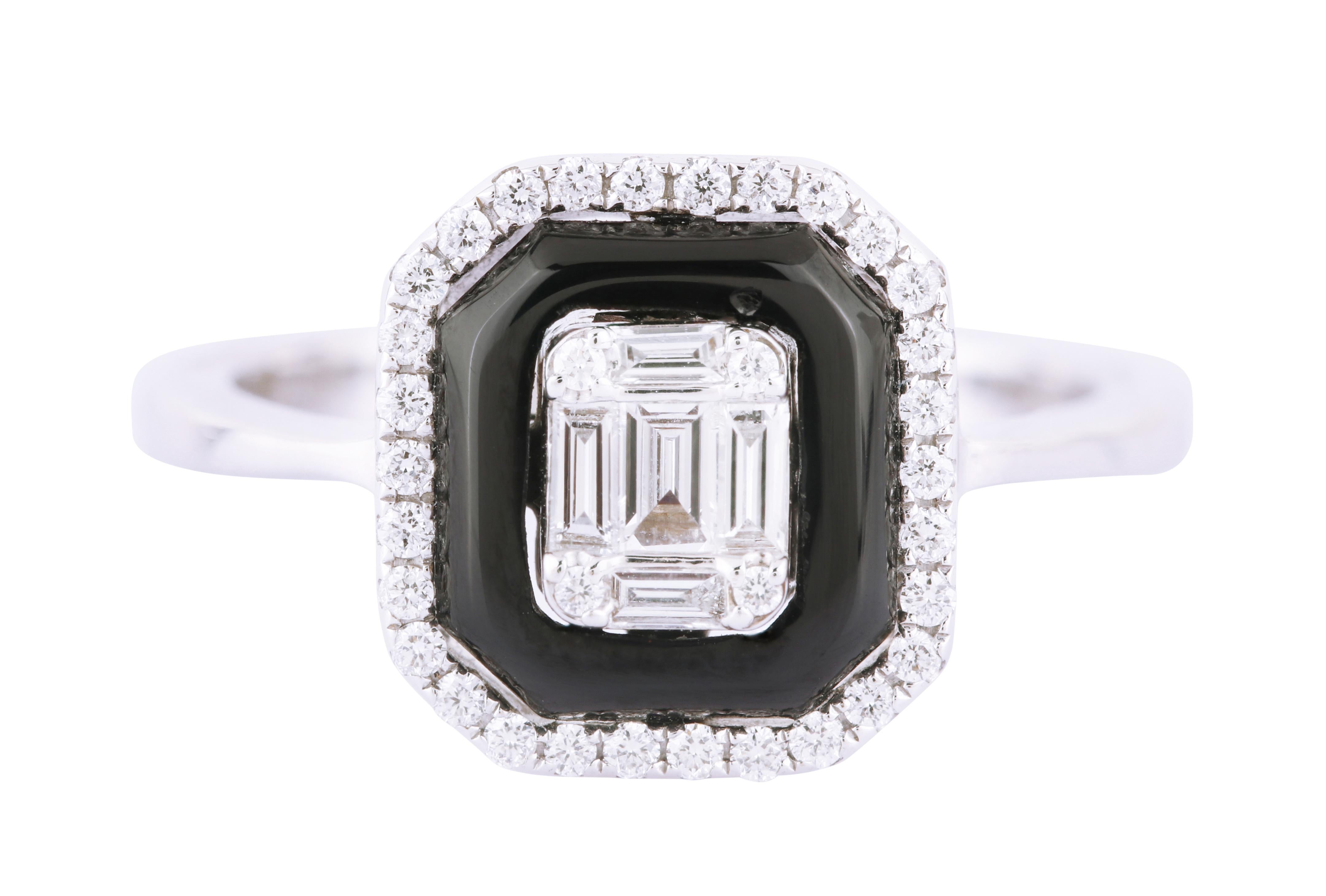 Modern 18 Karat White Gold Diamond and Black Onyx Fashion Ring For Sale
