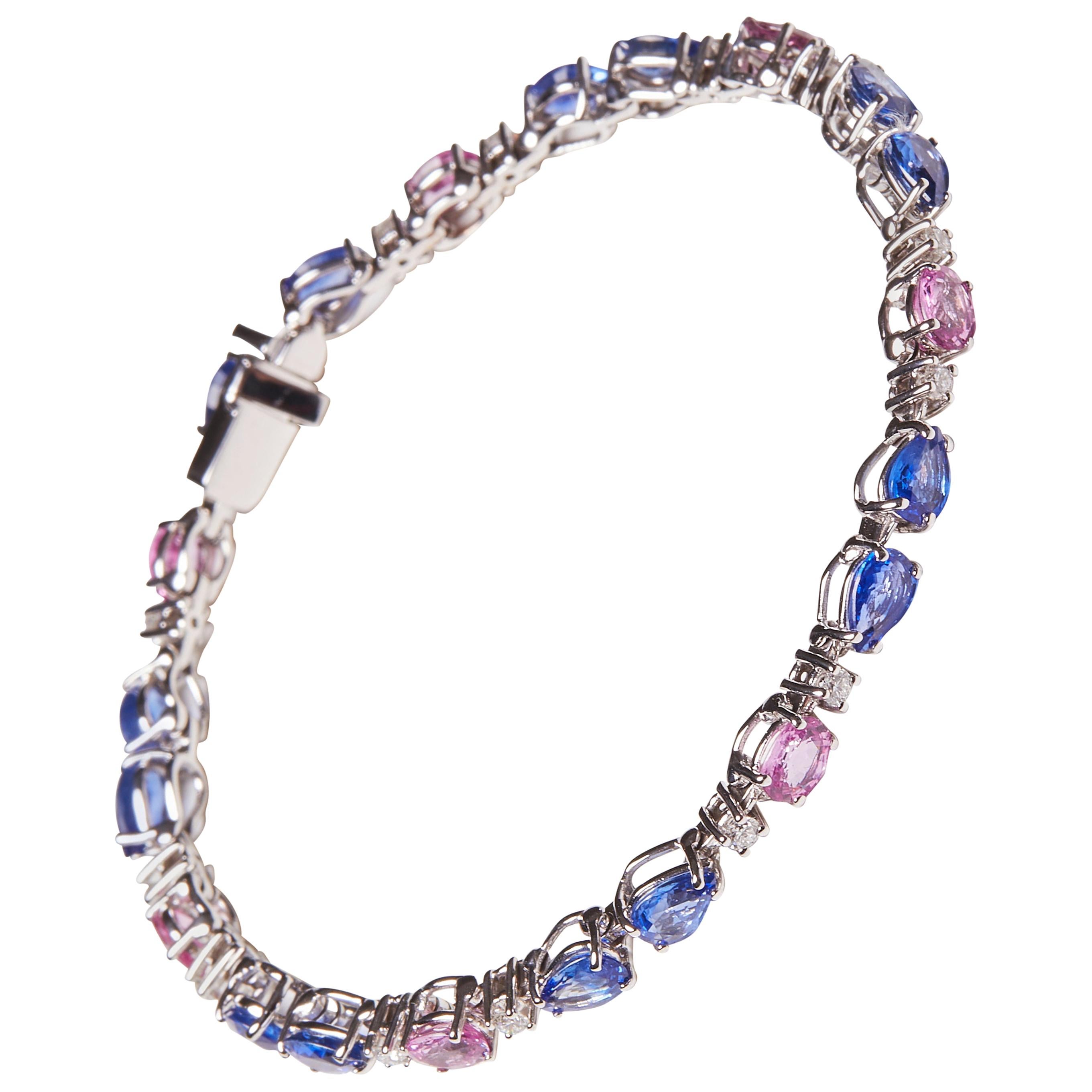 18 Karat White Gold Diamond and Blue and Pink Sapphire Bracelet