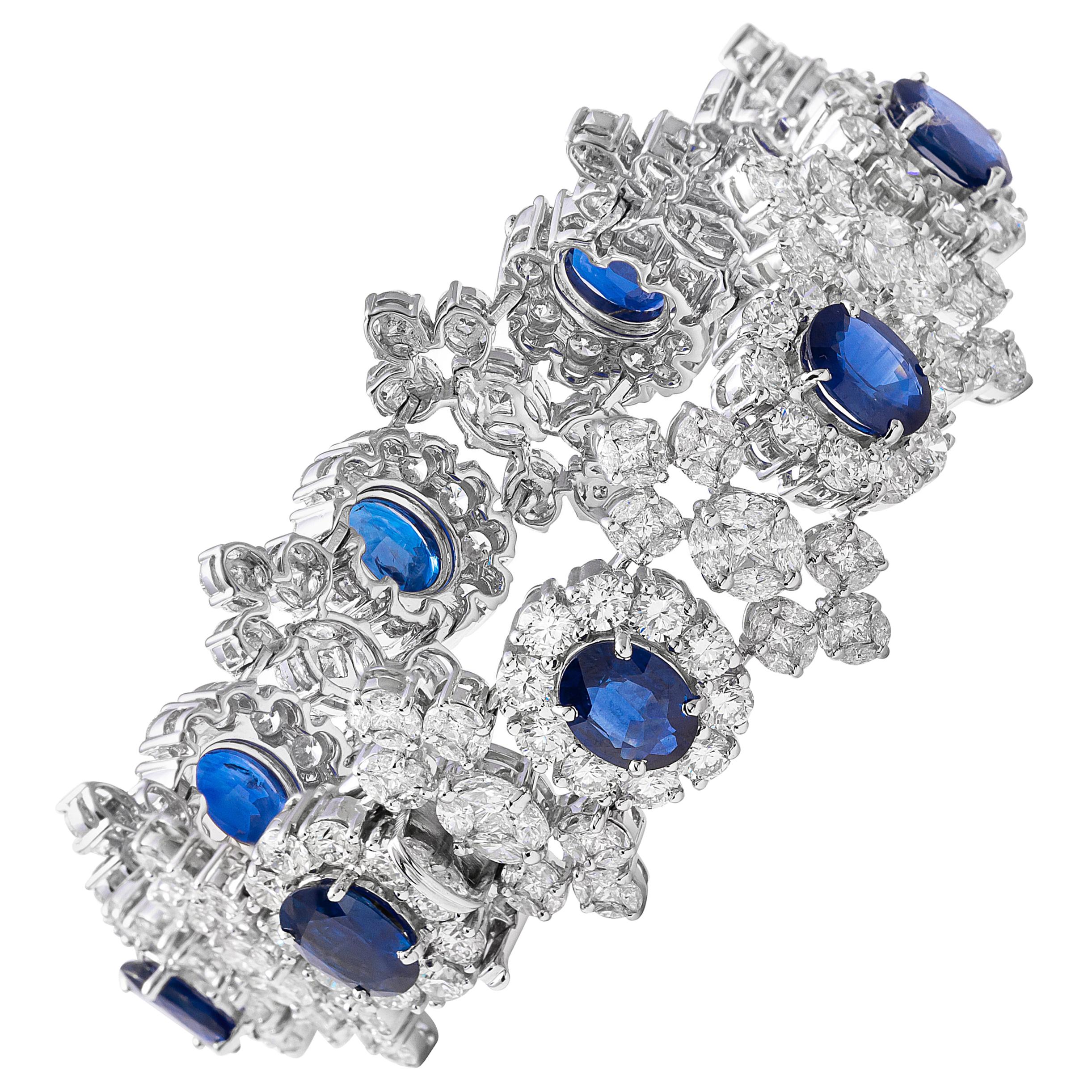 18 Karat White Gold Diamond and Blue Sapphire Bracelet For Sale