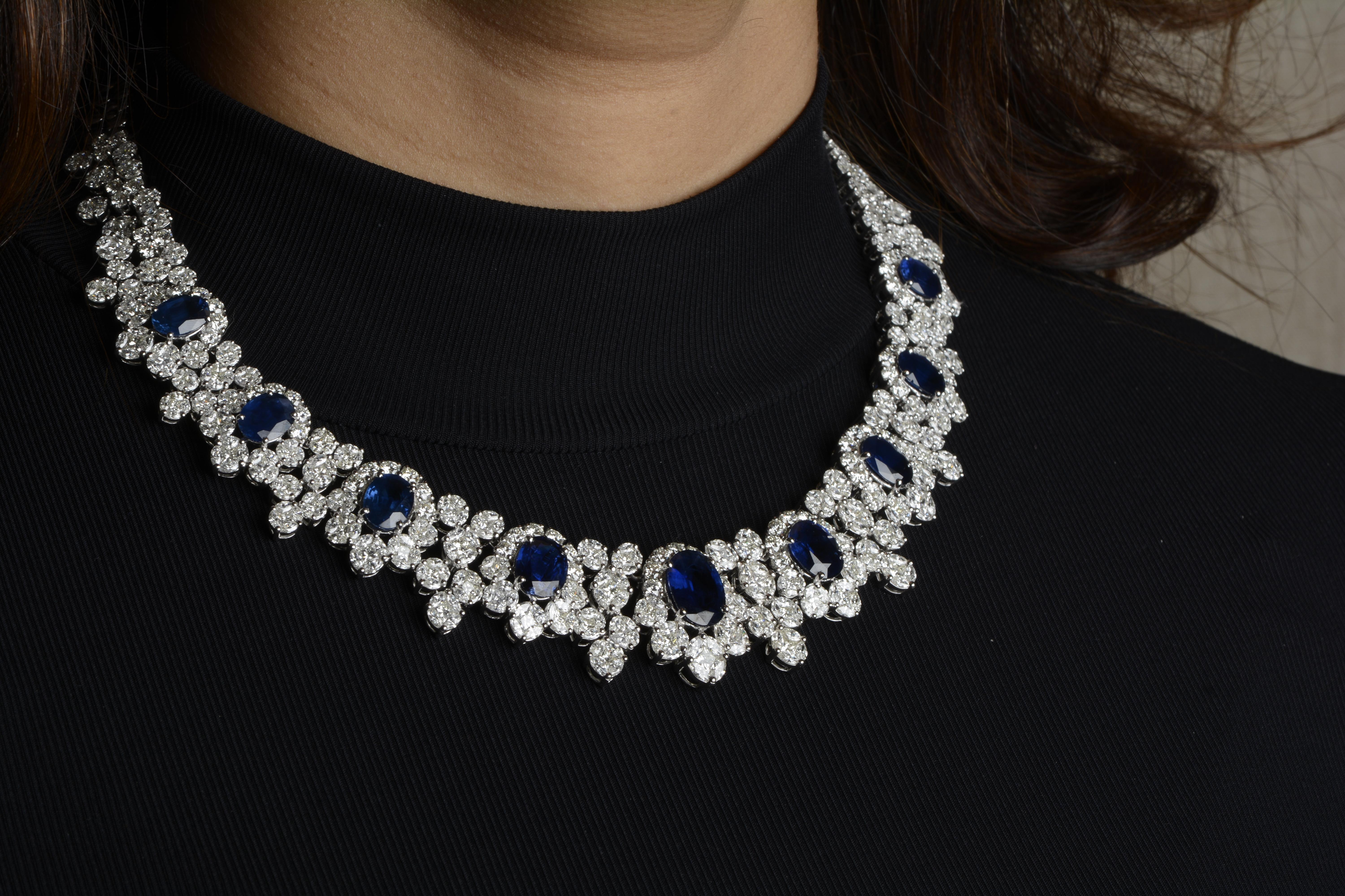 Mixed Cut 18 Karat White Gold Diamond and Blue Sapphire Bridal Necklace Set For Sale