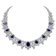 18 Karat White Gold Diamond and Blue Sapphire Bridal Necklace Set