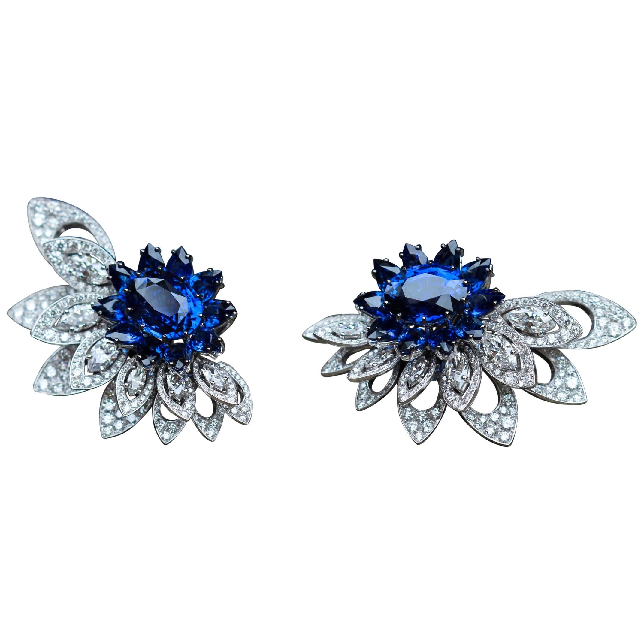 18 Karat White Gold Diamond and Blue Sapphire Earrings For Sale