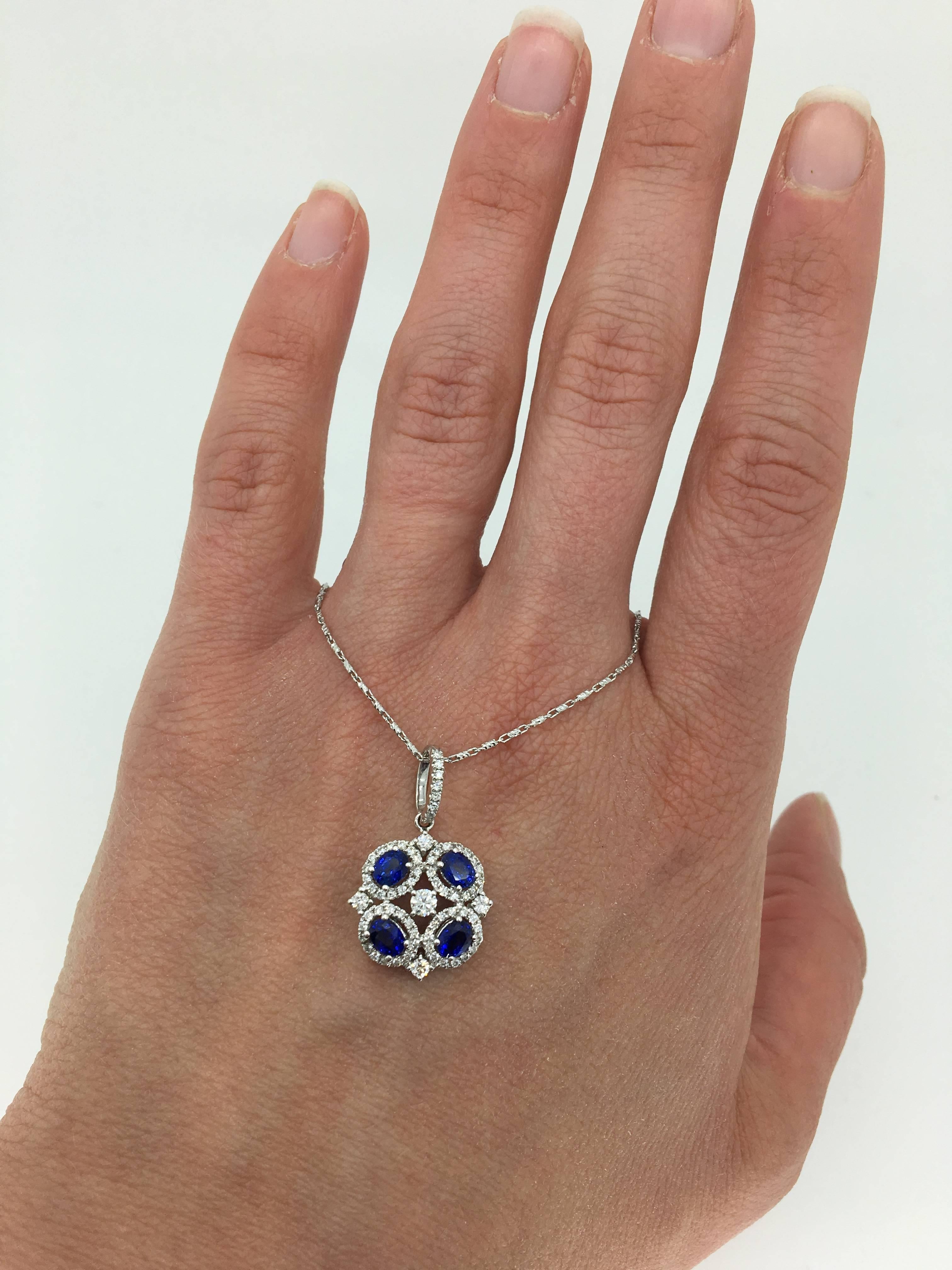 18 Karat White Gold Diamond and Blue Sapphire Necklace In New Condition In Webster, NY