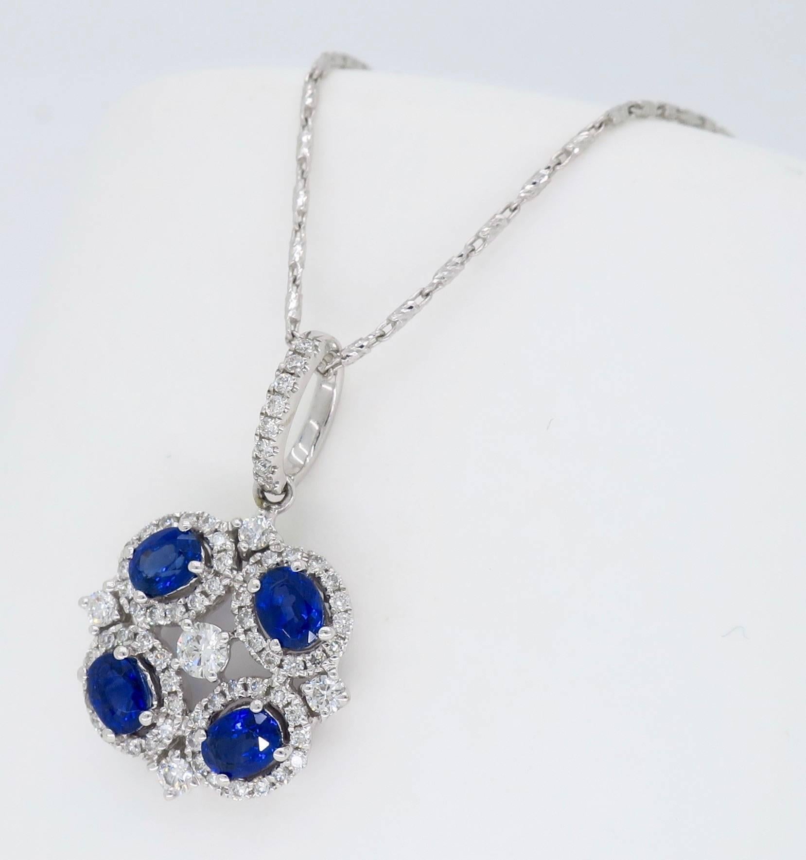 Women's or Men's 18 Karat White Gold Diamond and Blue Sapphire Necklace