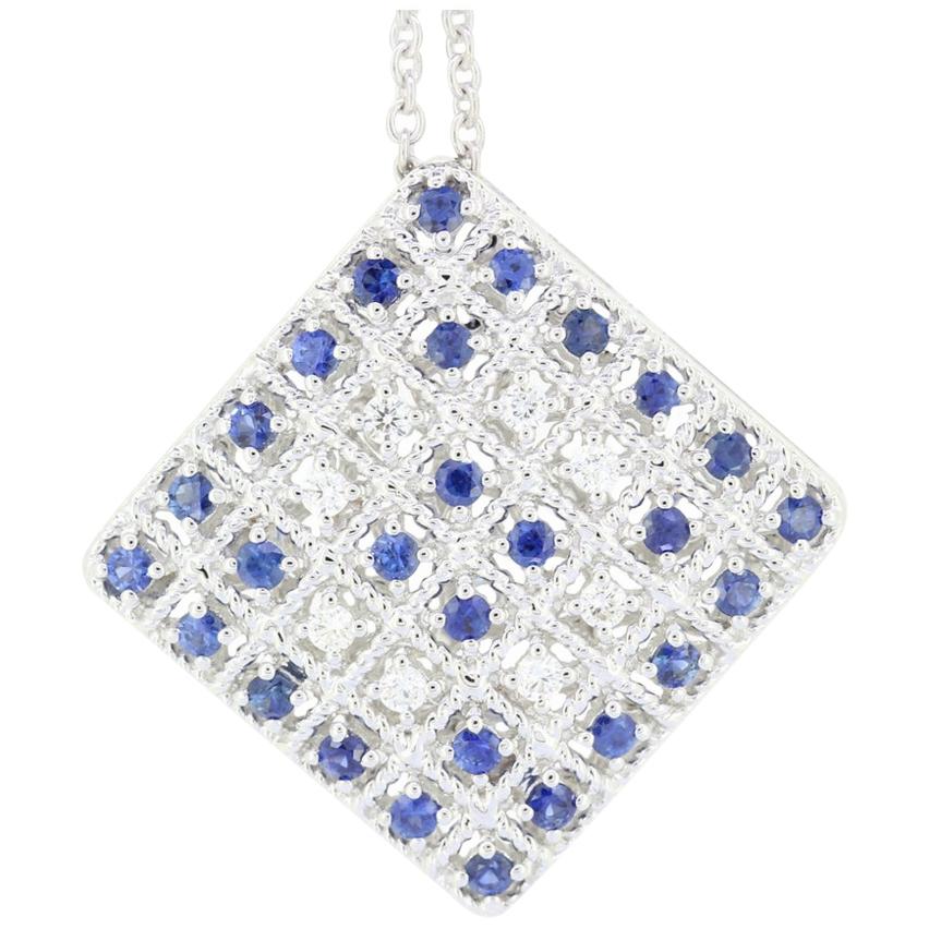 18 Karat White Gold Diamond and Blue Sapphire Necklace For Sale