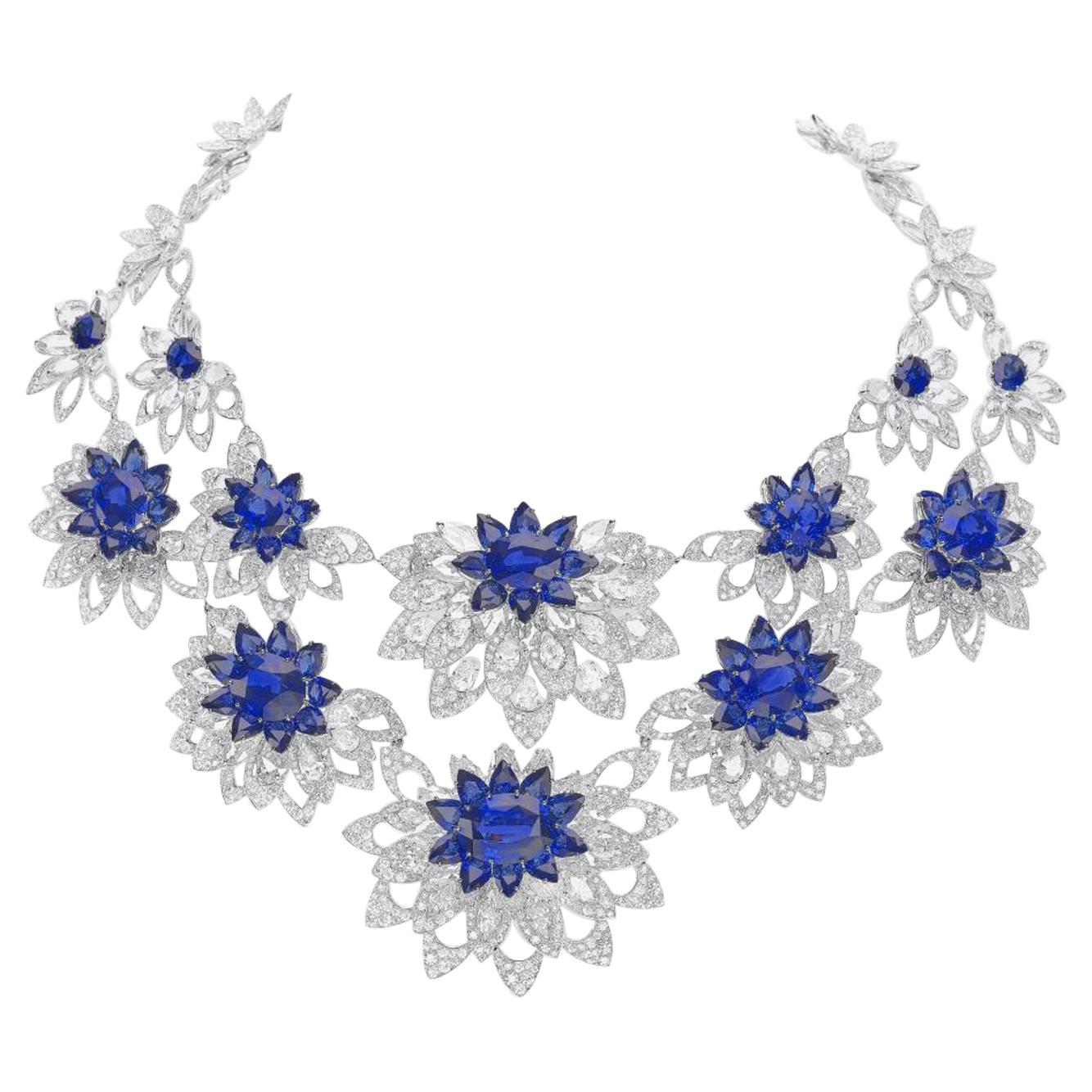 18 Karat White Gold Diamond and Blue Sapphire Necklace
