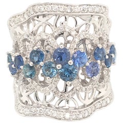 18 Karat White Gold Diamond and Blue Sapphire Open Work Ring Made in Italy