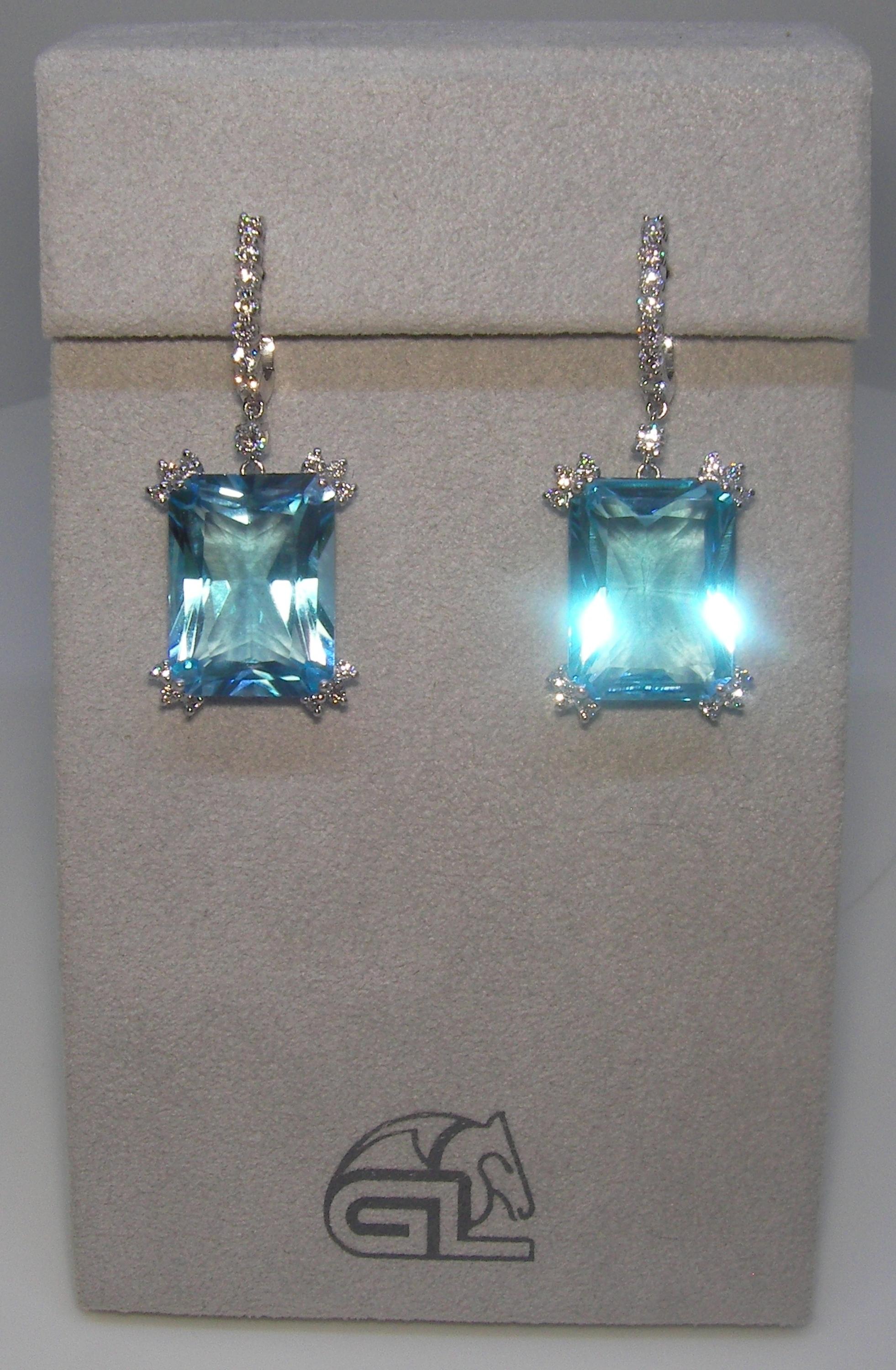 Mixed Cut 18 Karat White Gold Diamond and Blue Topaz Dangle Earrings