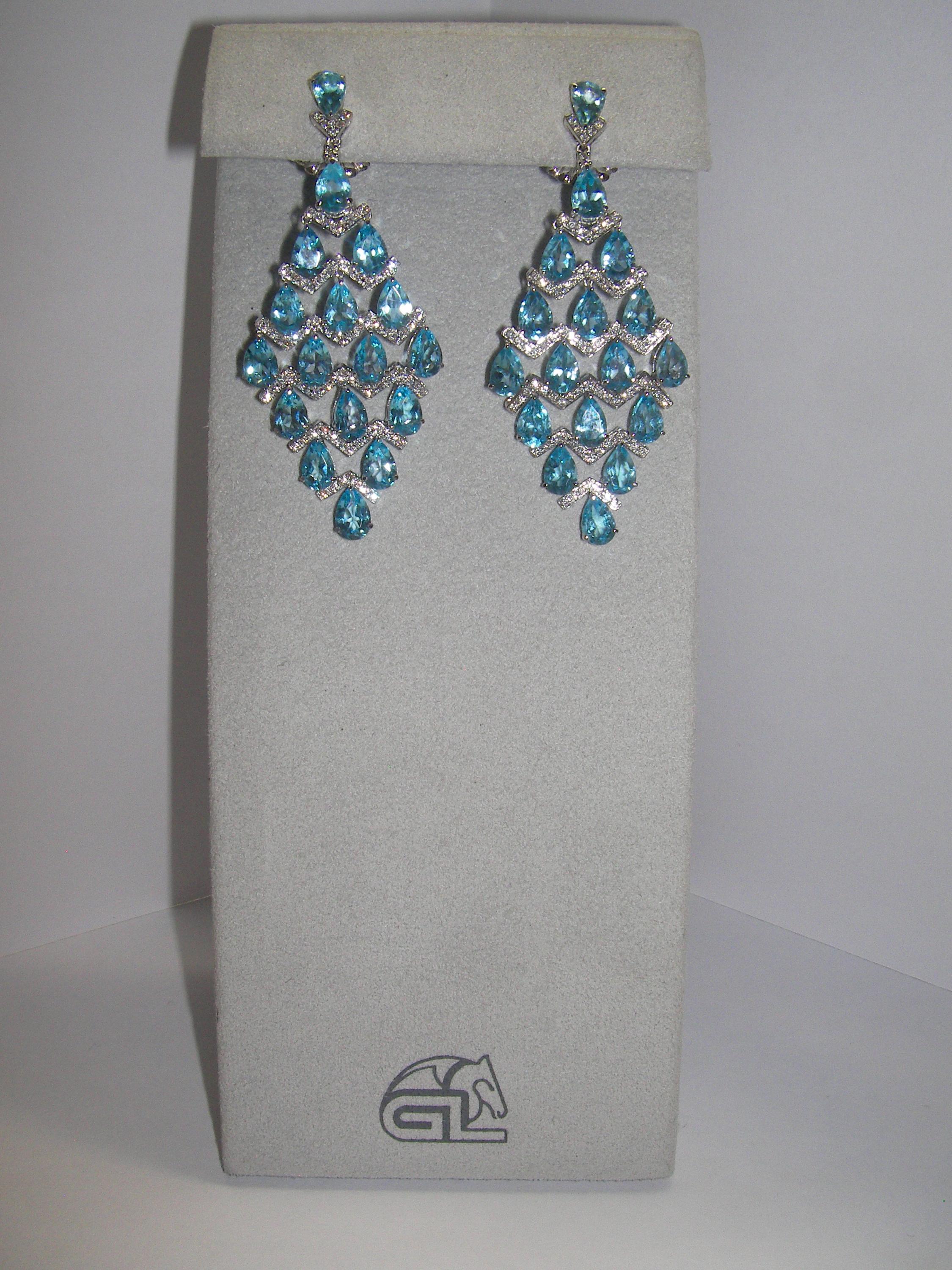 Mixed Cut 18 Karat White Gold Diamond and Blue Topaz Dangle Earrings