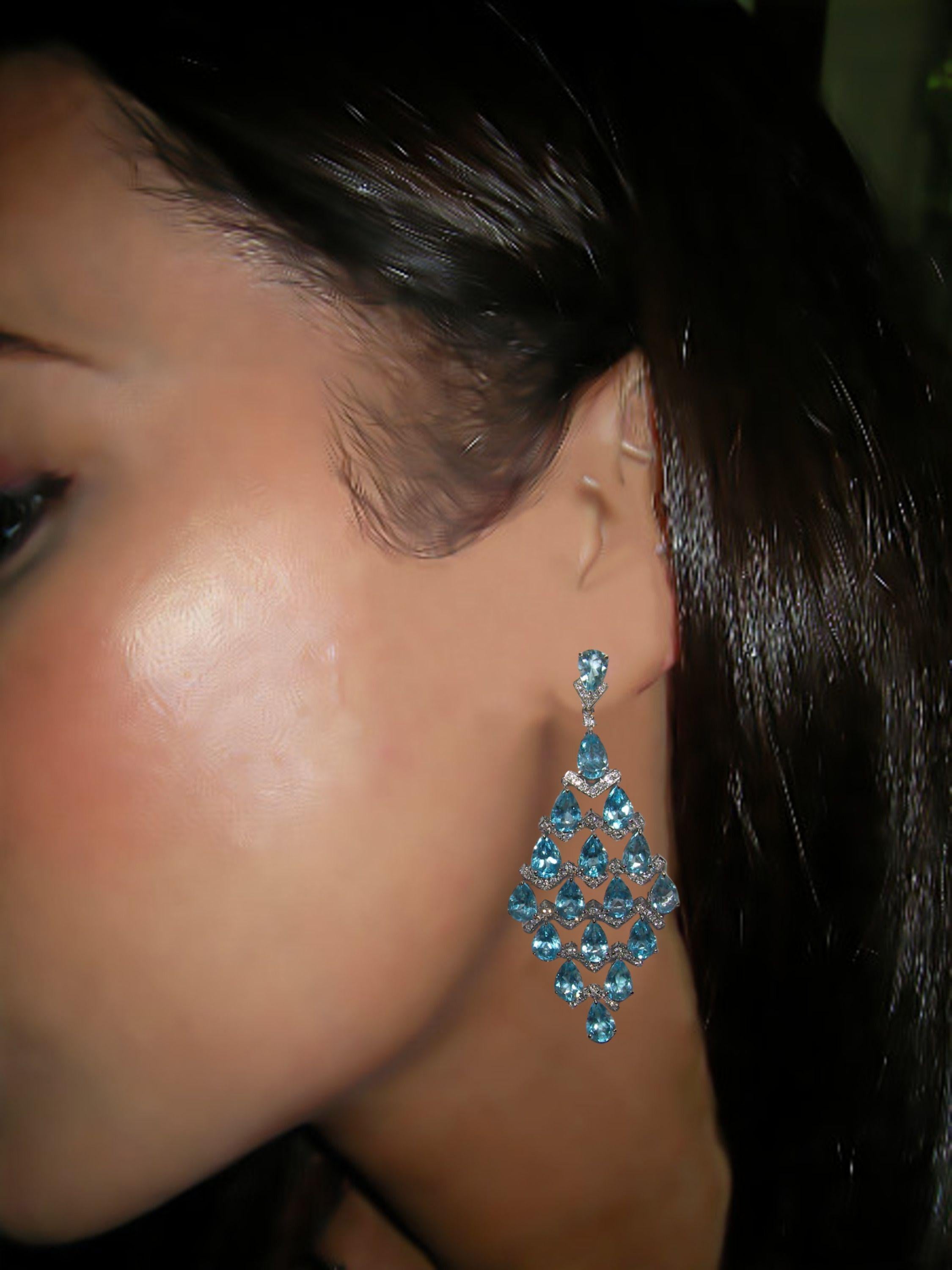 Women's or Men's 18 Karat White Gold Diamond and Blue Topaz Dangle Earrings