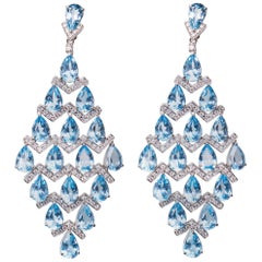18 Karat White Gold Diamond and Blue Topaz Dangle Earrings