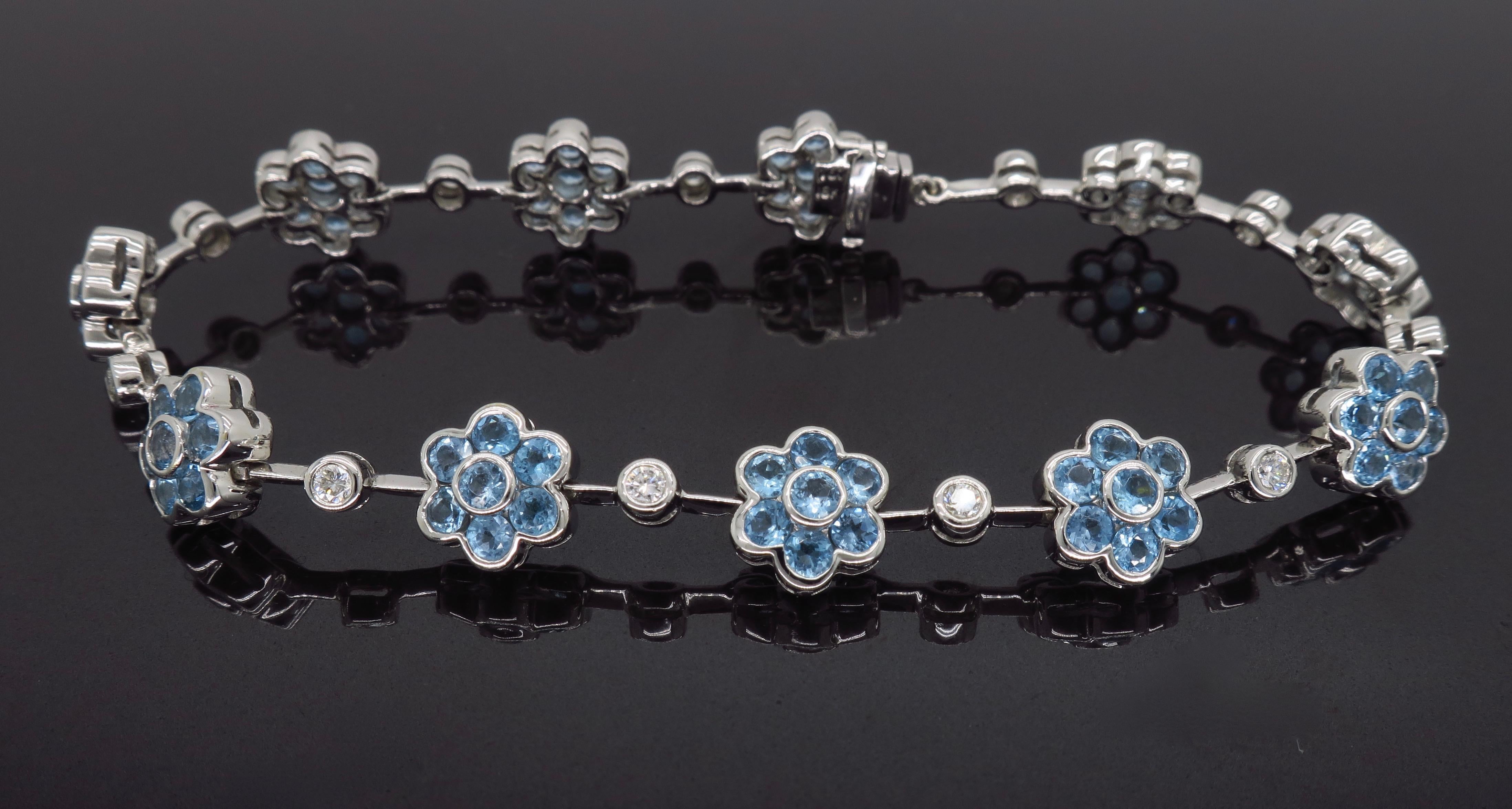 Women's or Men's 18 Karat White Gold Diamond and Blue Topaz Flower Bracelet