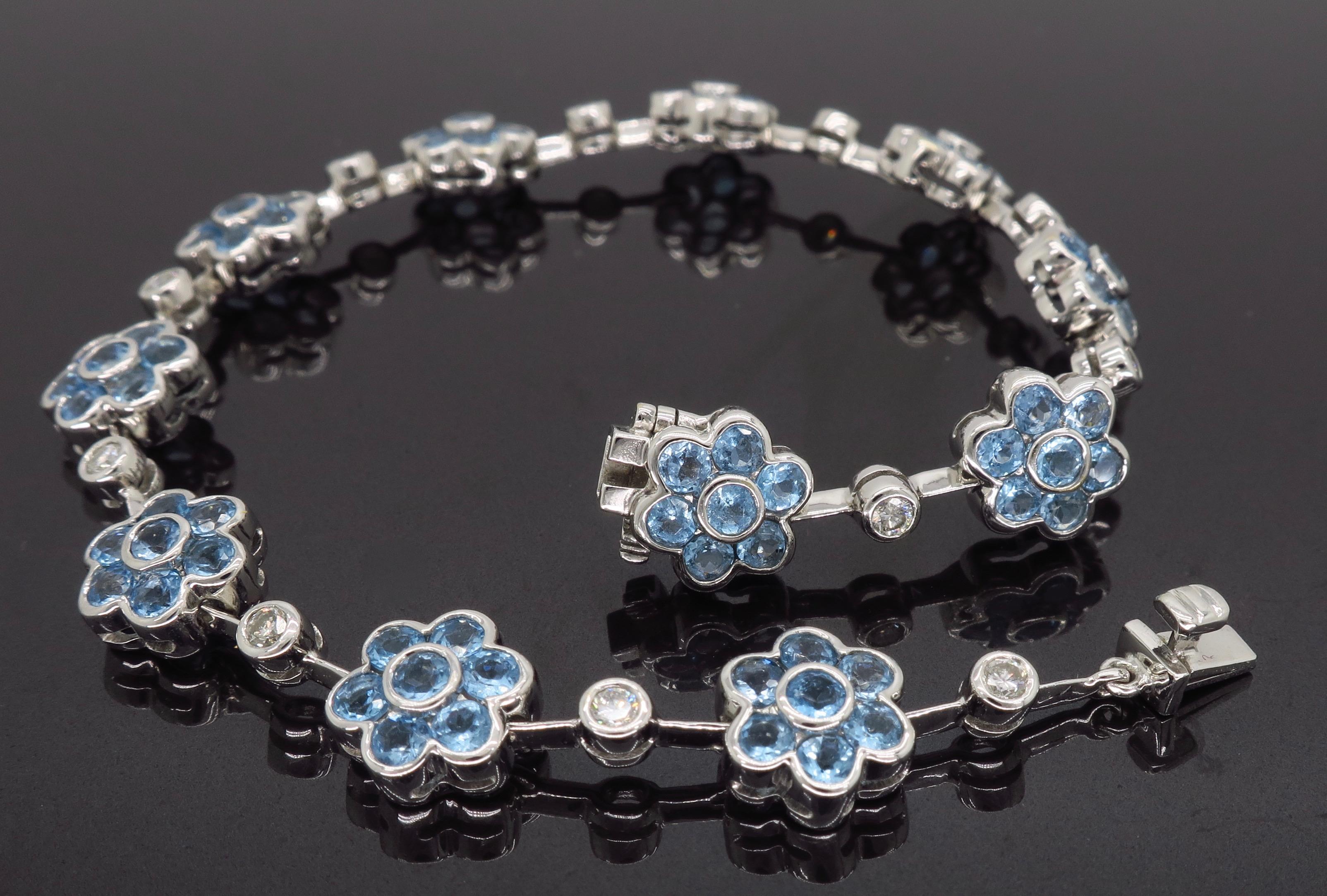 18 Karat White Gold Diamond and Blue Topaz Flower Bracelet 1