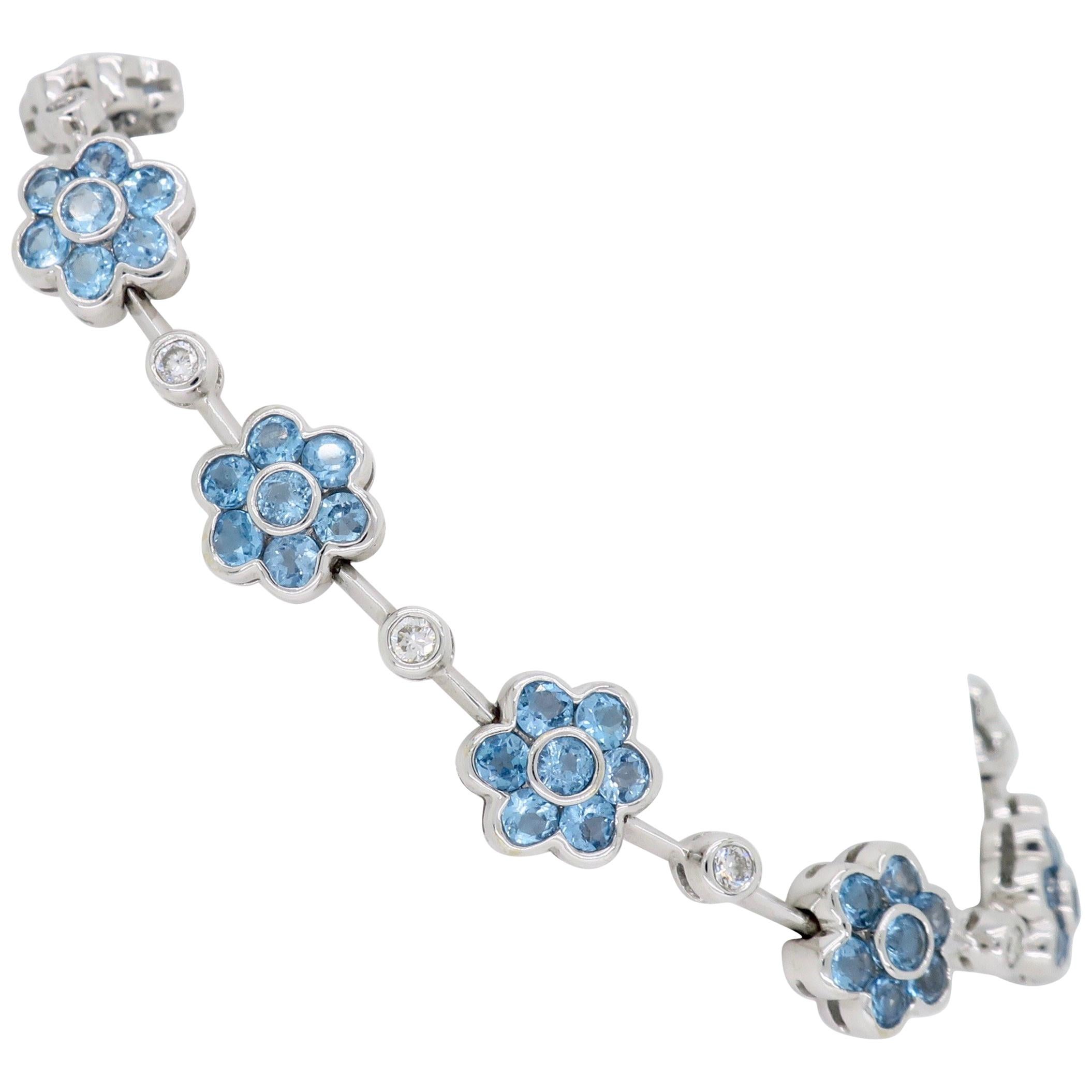 18 Karat White Gold Diamond and Blue Topaz Flower Bracelet