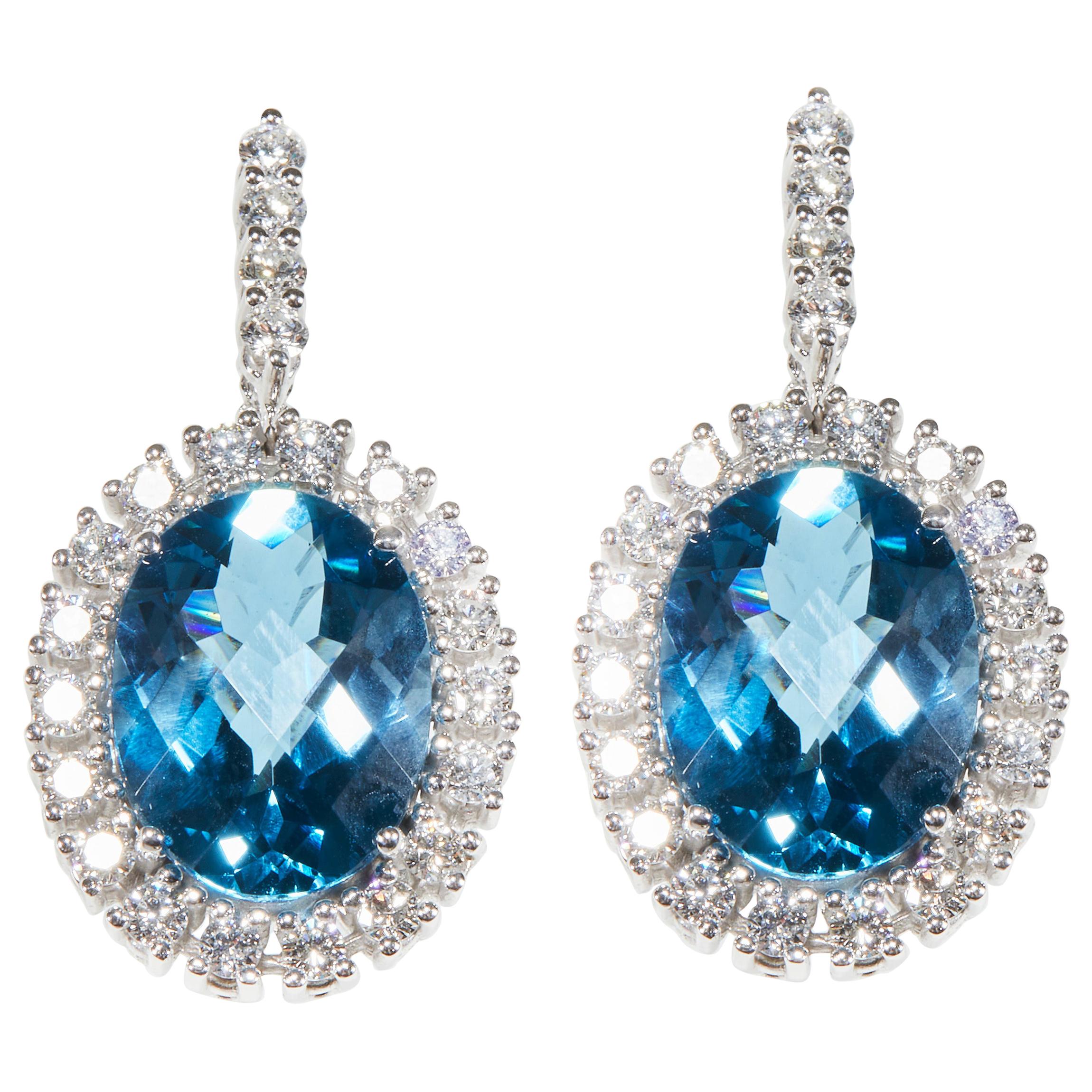 18 Karat White Gold Diamond and Blue Topaz Royal  Dangle Earrings