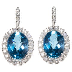 18 Karat White Gold Diamond and Blue Topaz Royal  Dangle Earrings