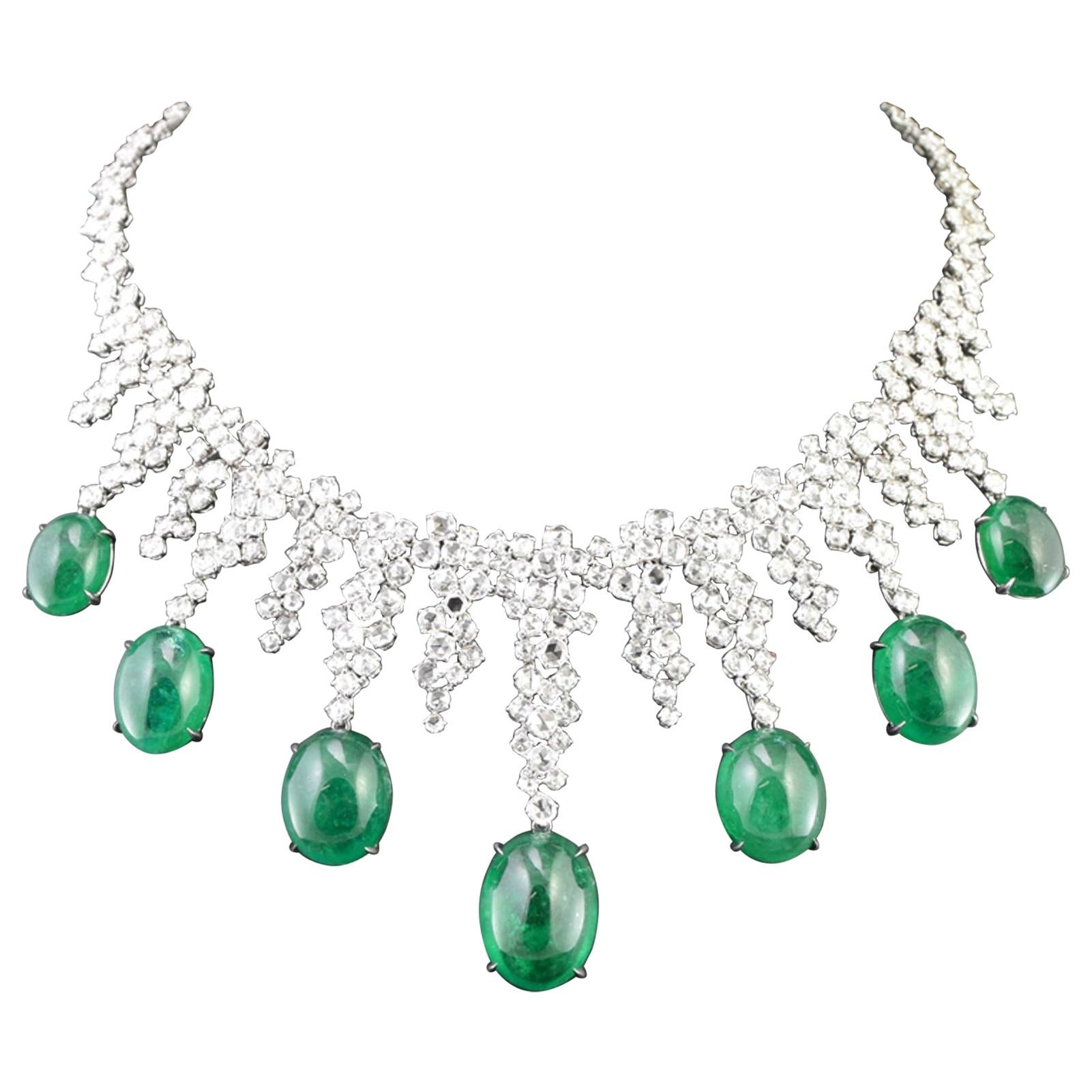 18 Karat White Gold Diamond and Cabochon Emerald "Icecicle" Necklace For Sale