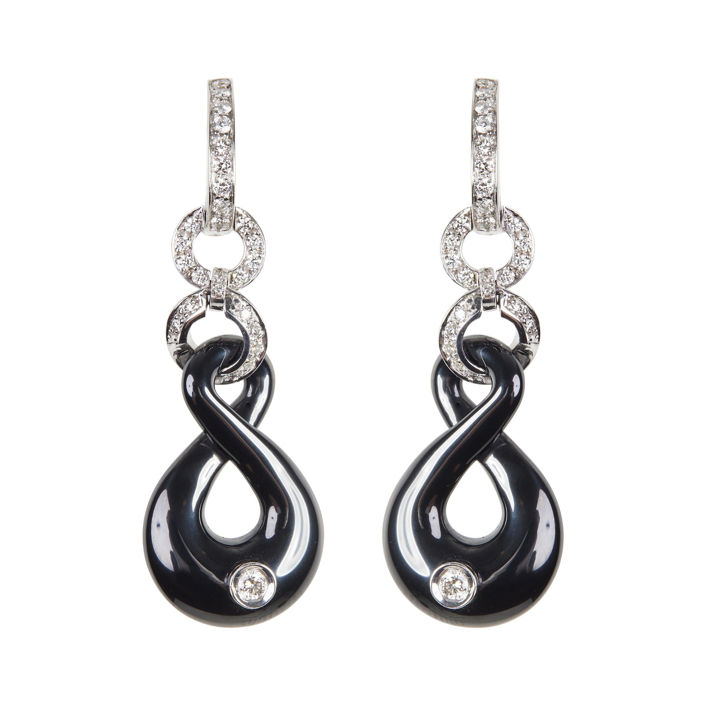 18 Karat White Gold Diamond and Ceramic Dangle Earrings For Sale