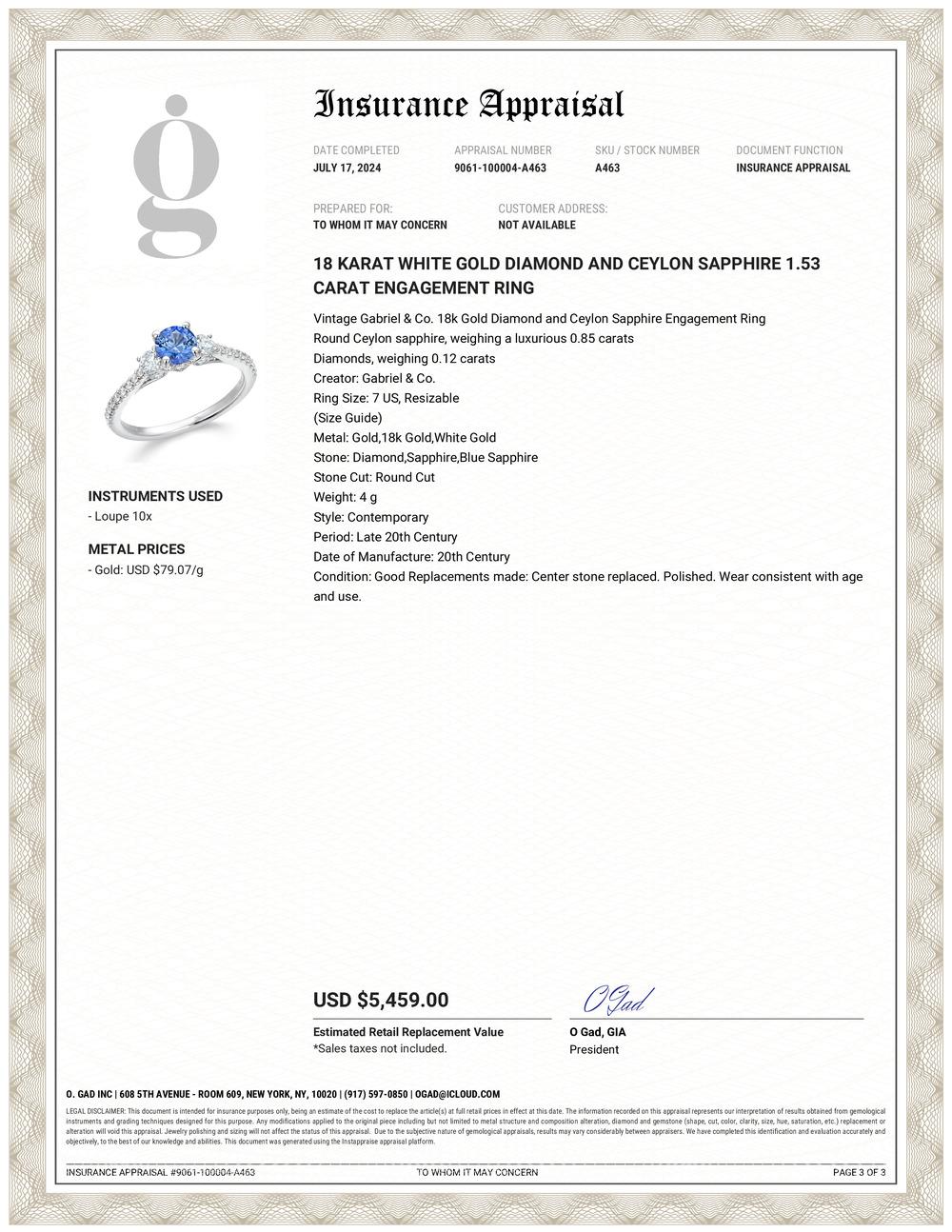 Introducing a timeless masterpiece: behold the Vintage Gabriel & Co. 18k Gold Diamond and Ceylon Sapphire Engagement Ring. This exquisite piece marries the allure of vintage design with the elegance of contemporary craftsmanship, creating a symbol