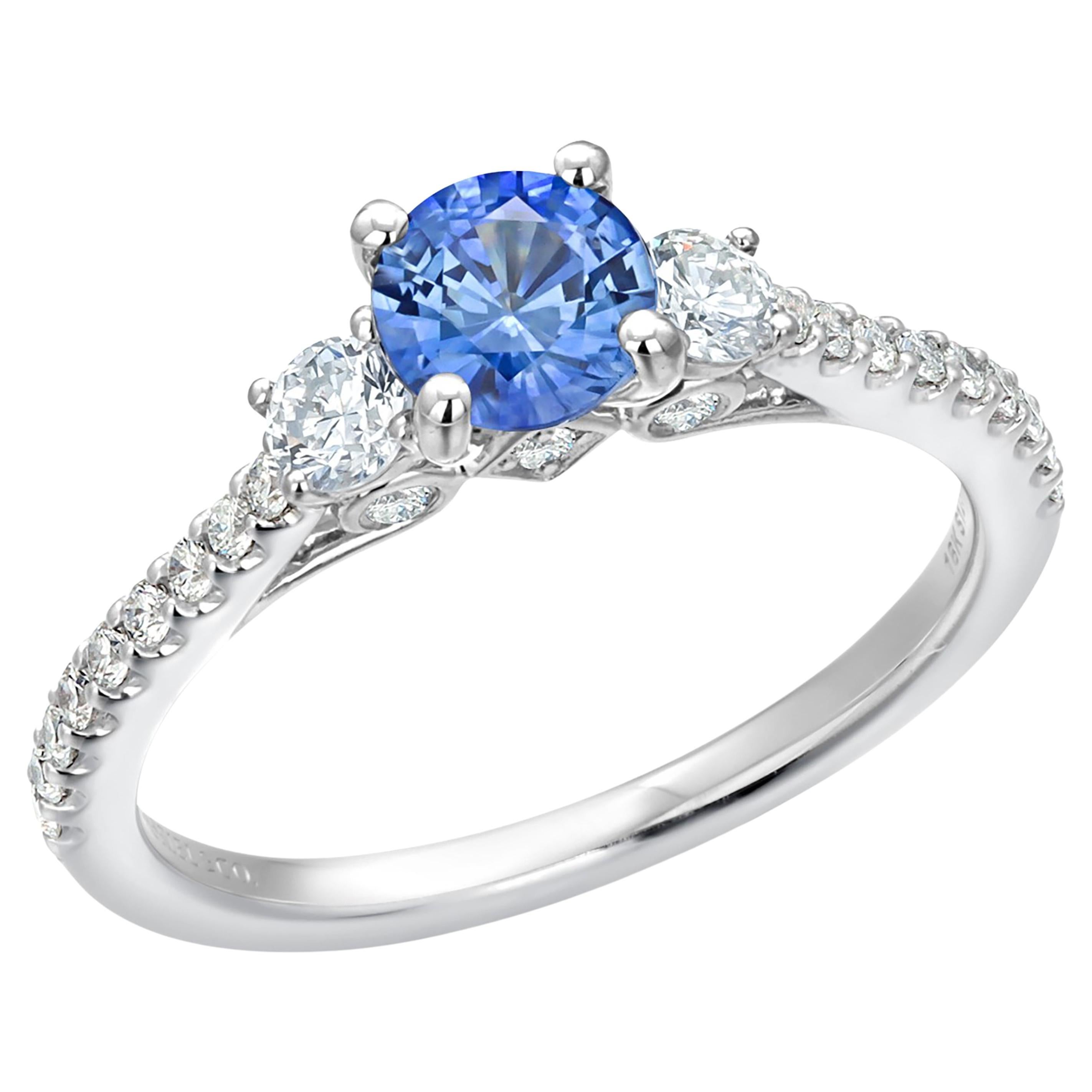 18 Karat White Gold Diamond and Ceylon Sapphire 1.53 Carat Engagement Ring