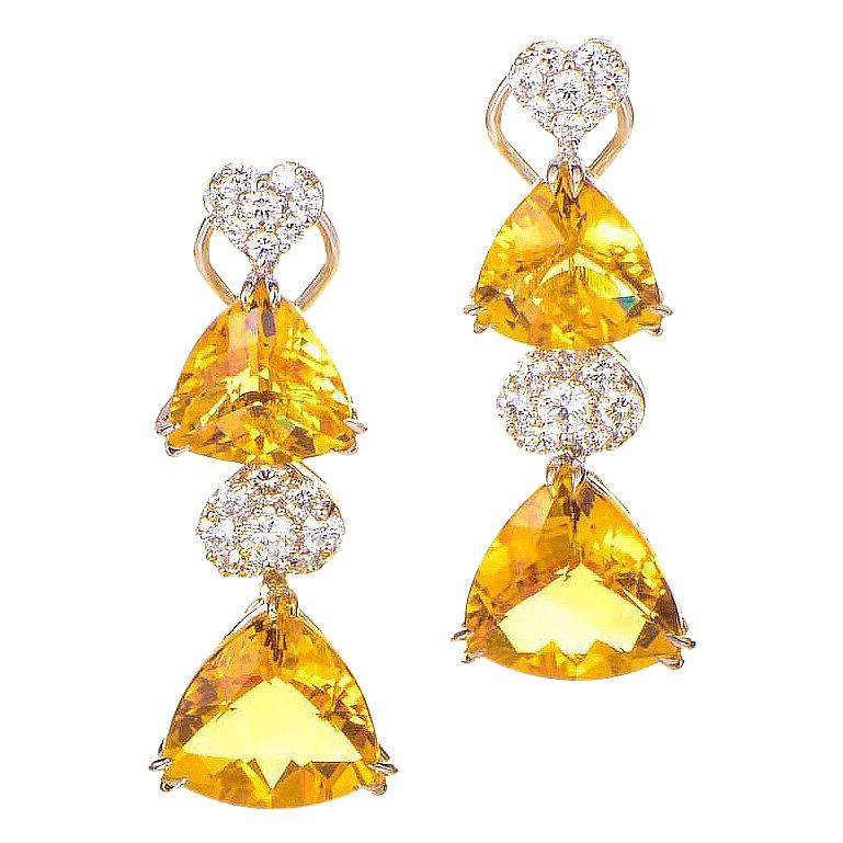 18 Karat White Gold Diamond and Citrine Drop Earrings