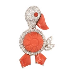 18 Karat White Gold, Diamond and Coral Duck Brooch
