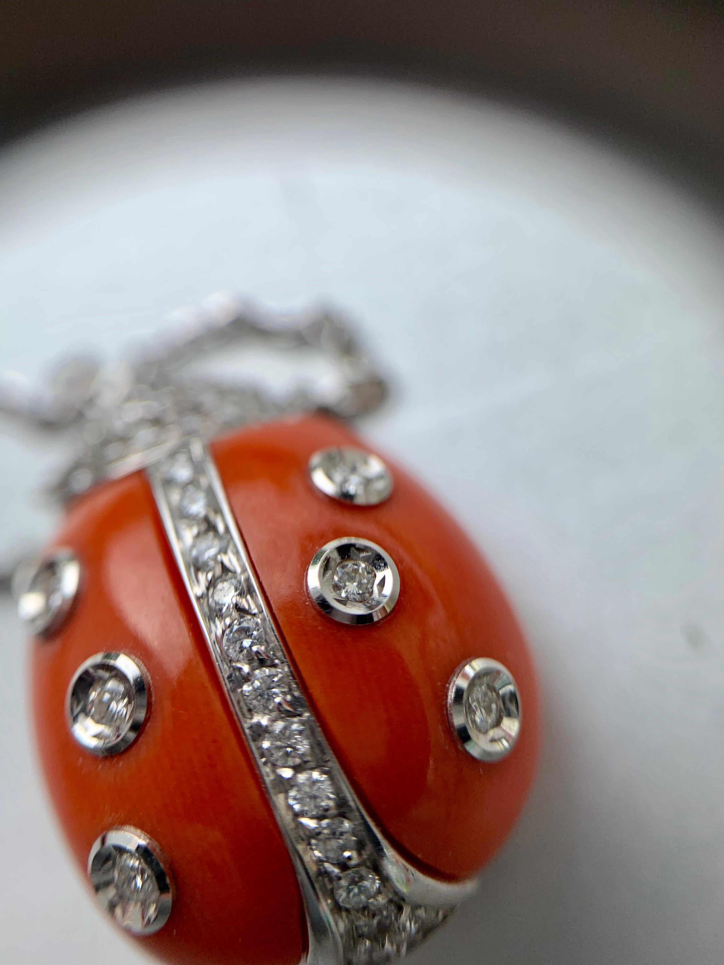 18 Karat White Gold Diamond and Coral Ladybug Necklace In Excellent Condition In Pikesville, MD