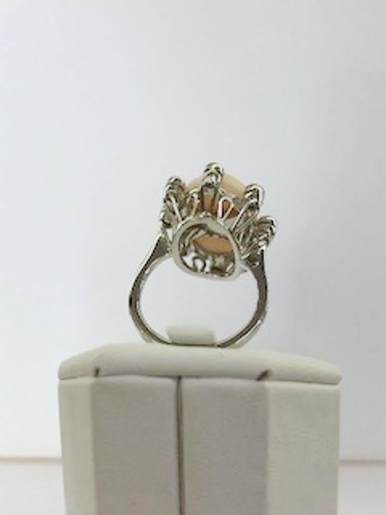 Brilliant Cut 18 Karat White Gold Diamond and Coral Ring For Sale