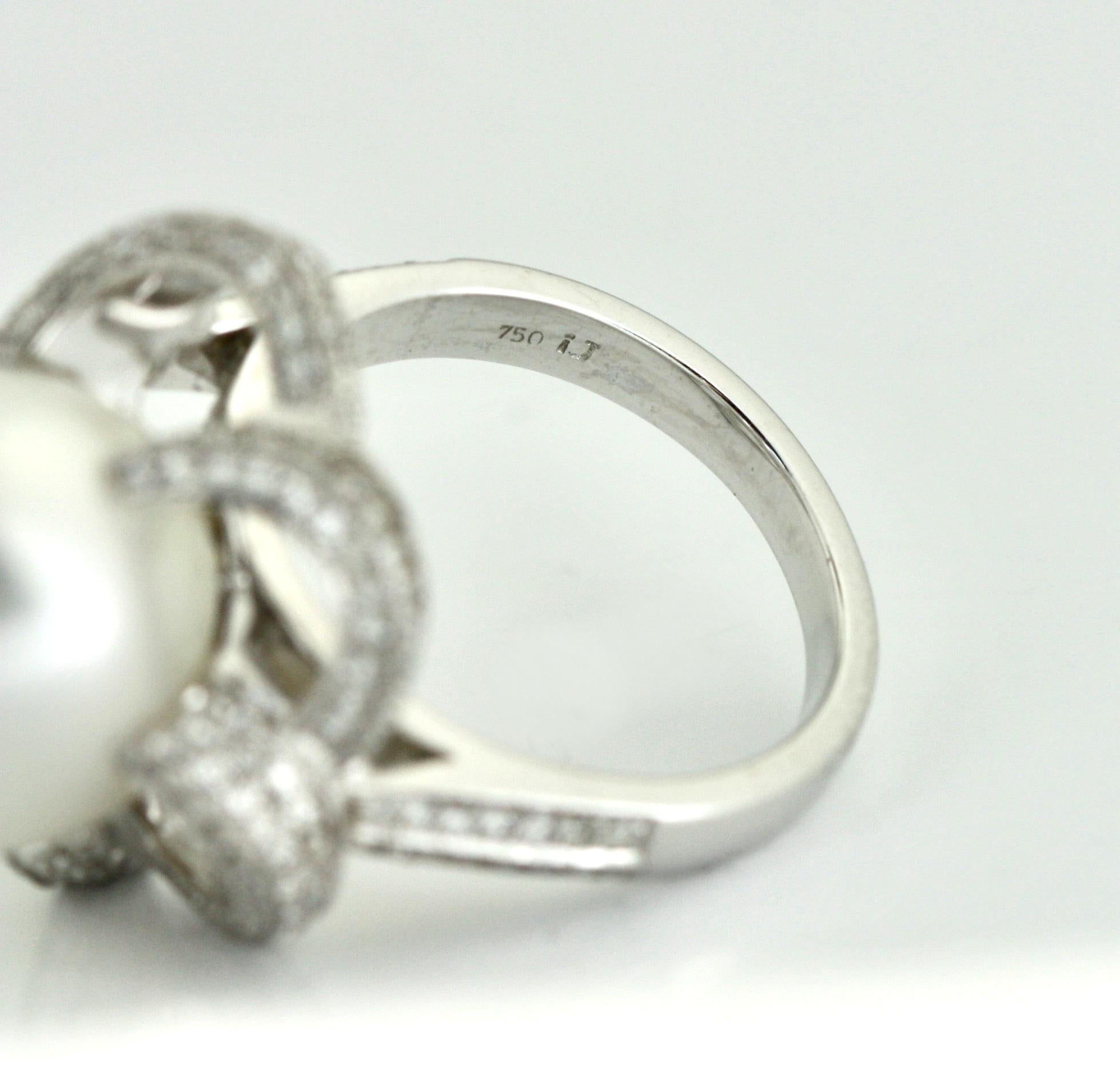 Round Cut 18 Karat White Gold, Diamond and Cultured Pearl Ring