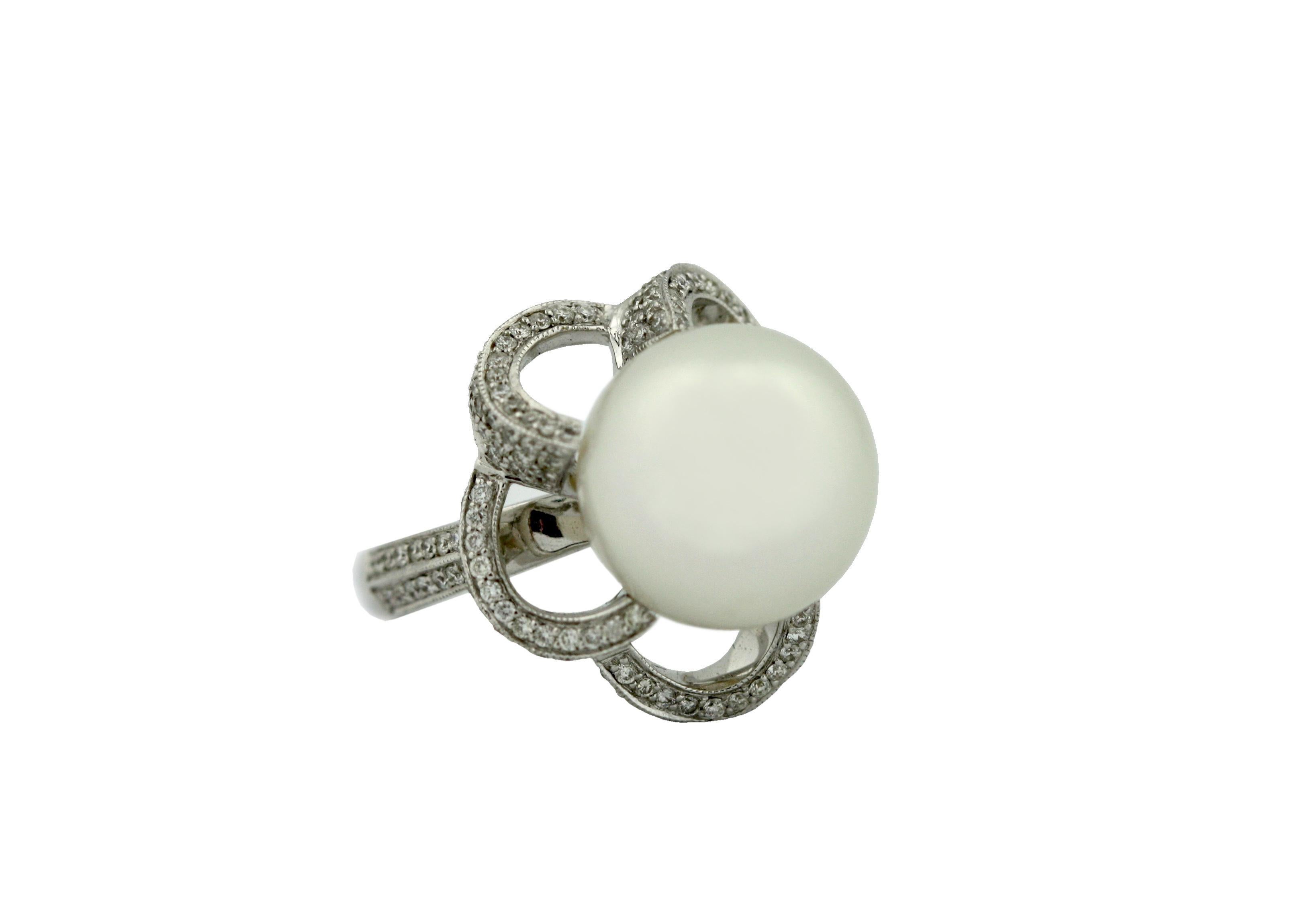 Women's or Men's 18 Karat White Gold, Diamond and Cultured Pearl Ring