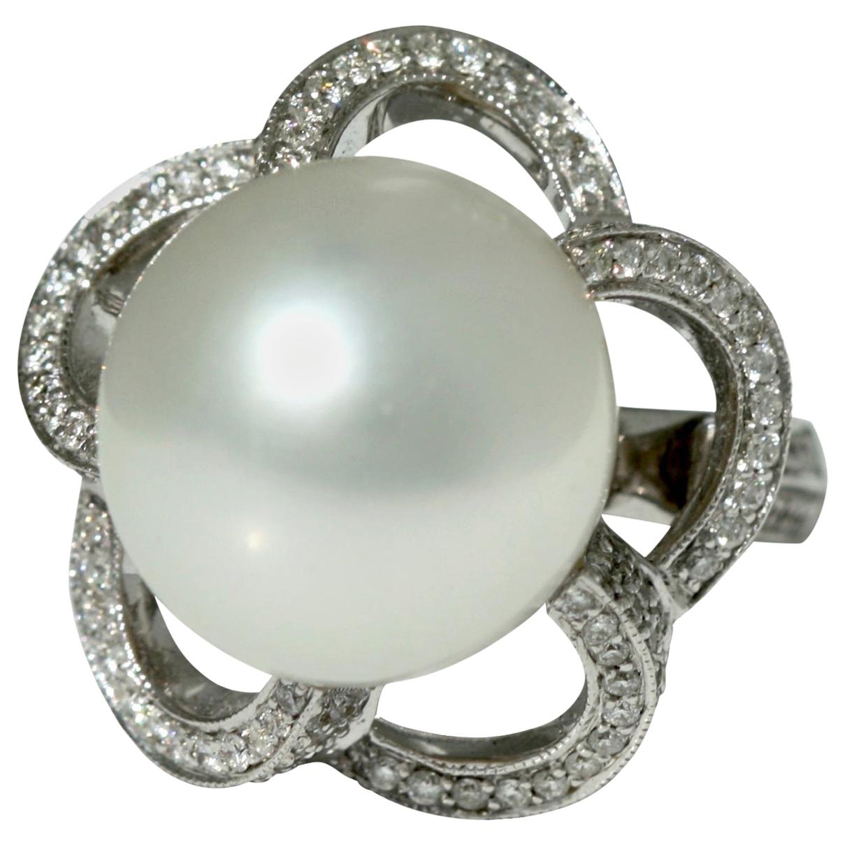 18 Karat White Gold, Diamond and Cultured Pearl Ring