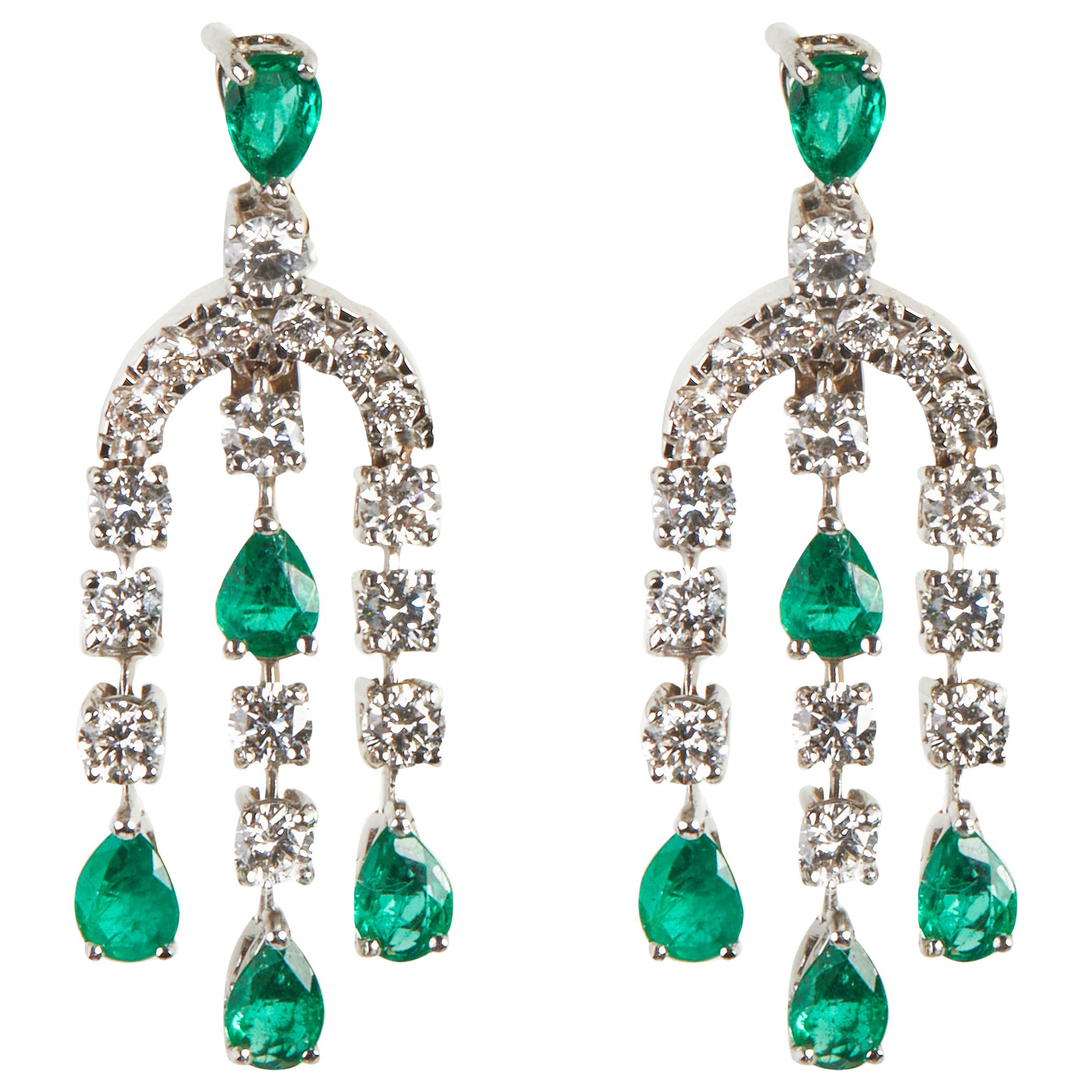 18 Karat White Gold Diamond and Emerald Dangle Earrings