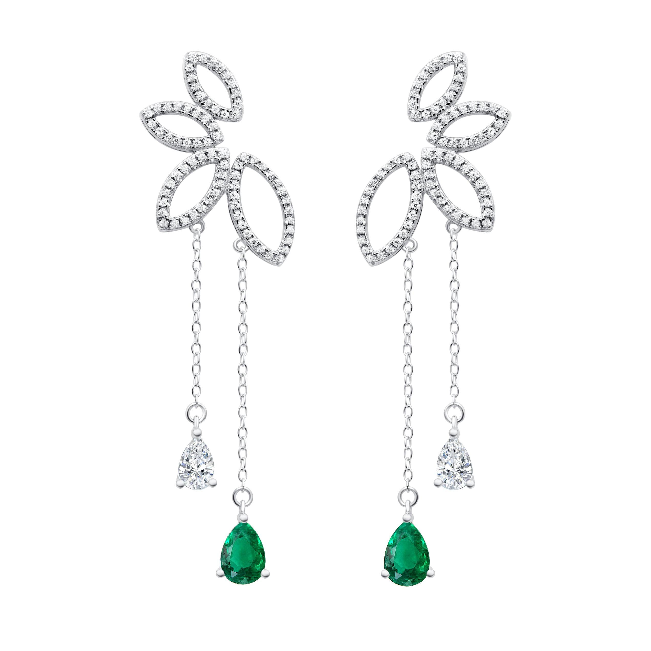 18 Karat White Gold Diamond and Emerald Dew Drop Earrings For Sale