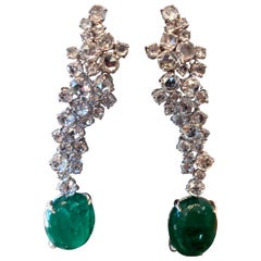 18 Karat White Gold Diamond and Emerald Drop Earrings