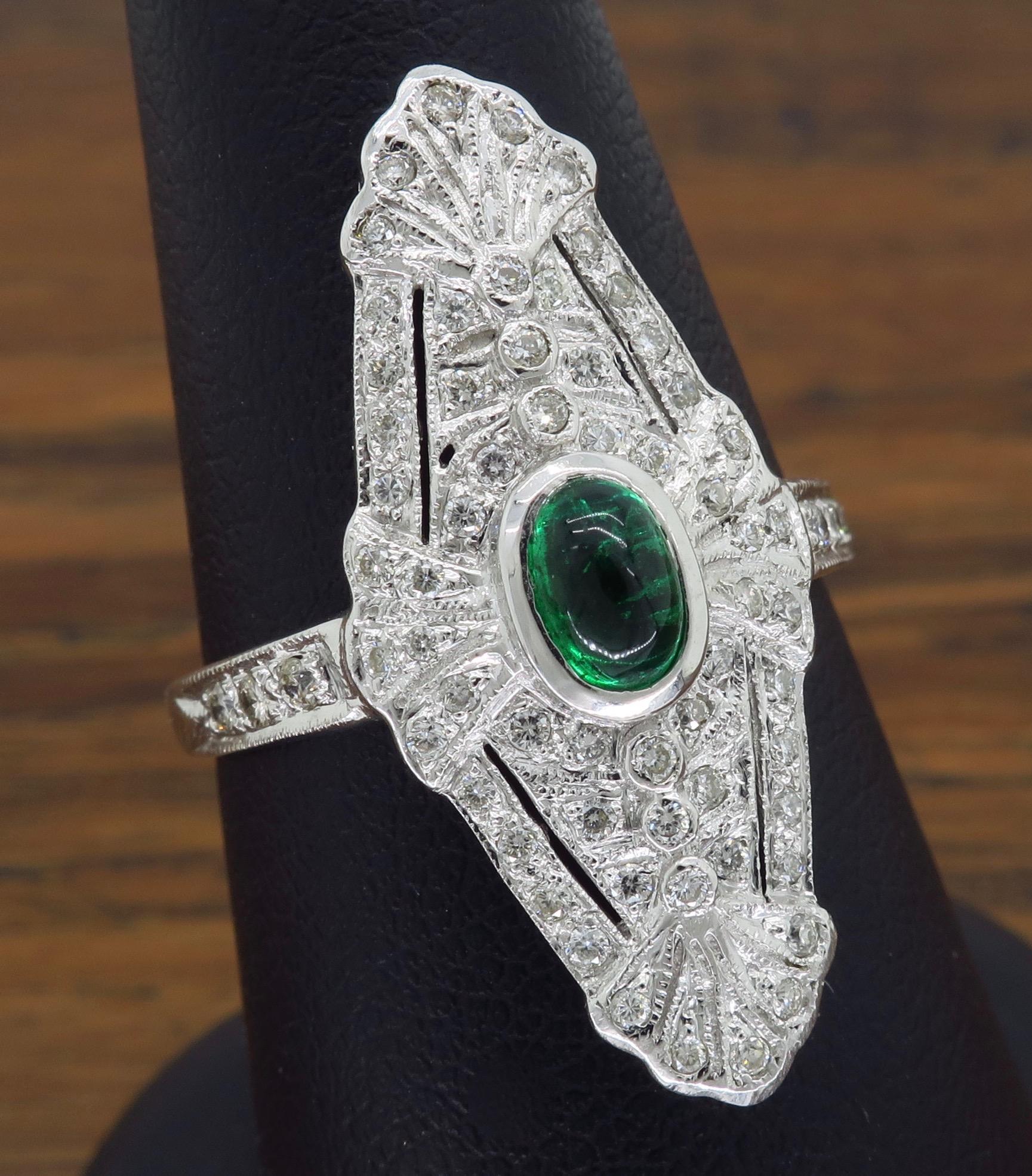 18 Karat White Gold Diamond and Emerald Navette Ring In New Condition In Webster, NY