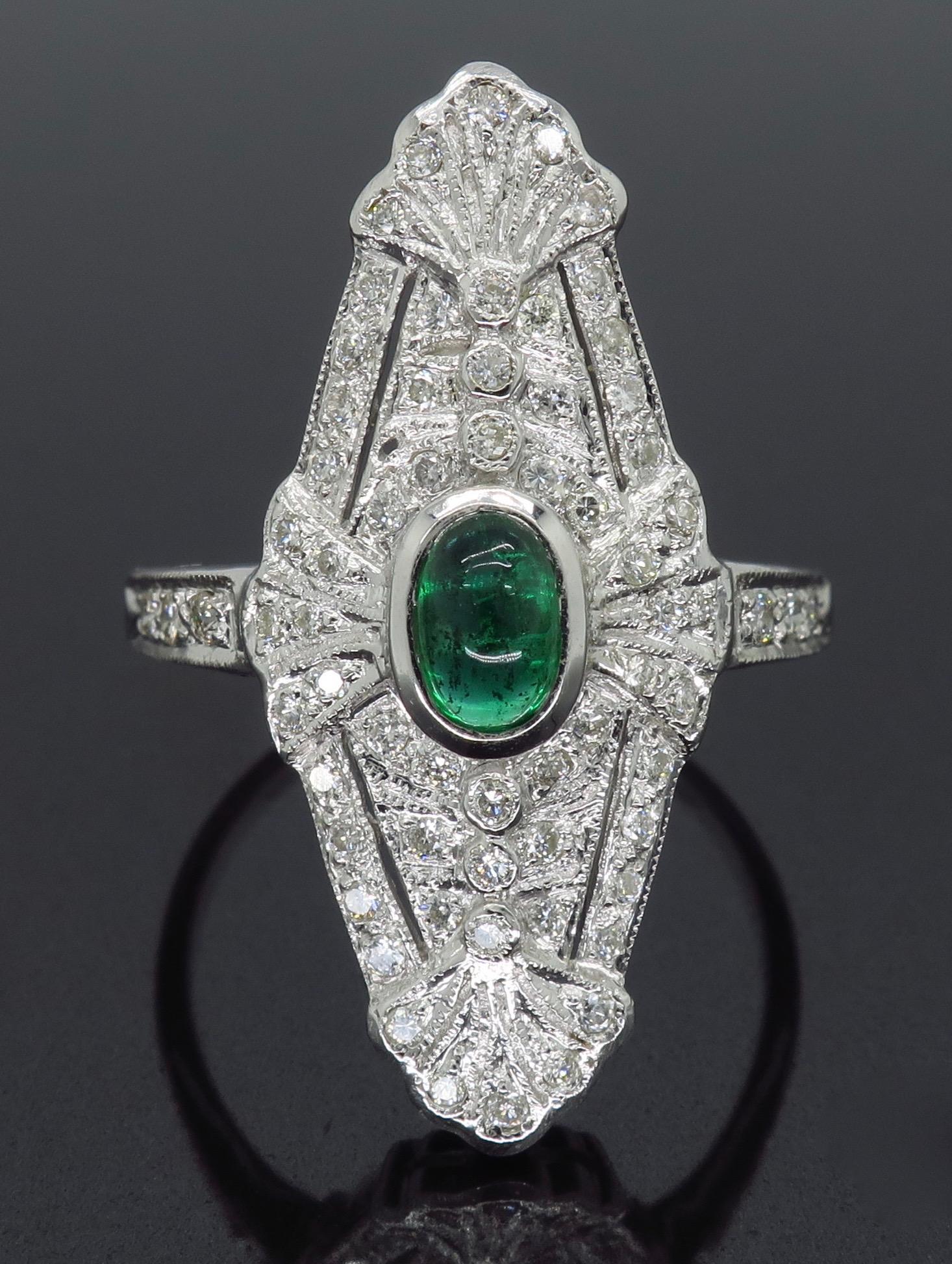 Women's or Men's 18 Karat White Gold Diamond and Emerald Navette Ring