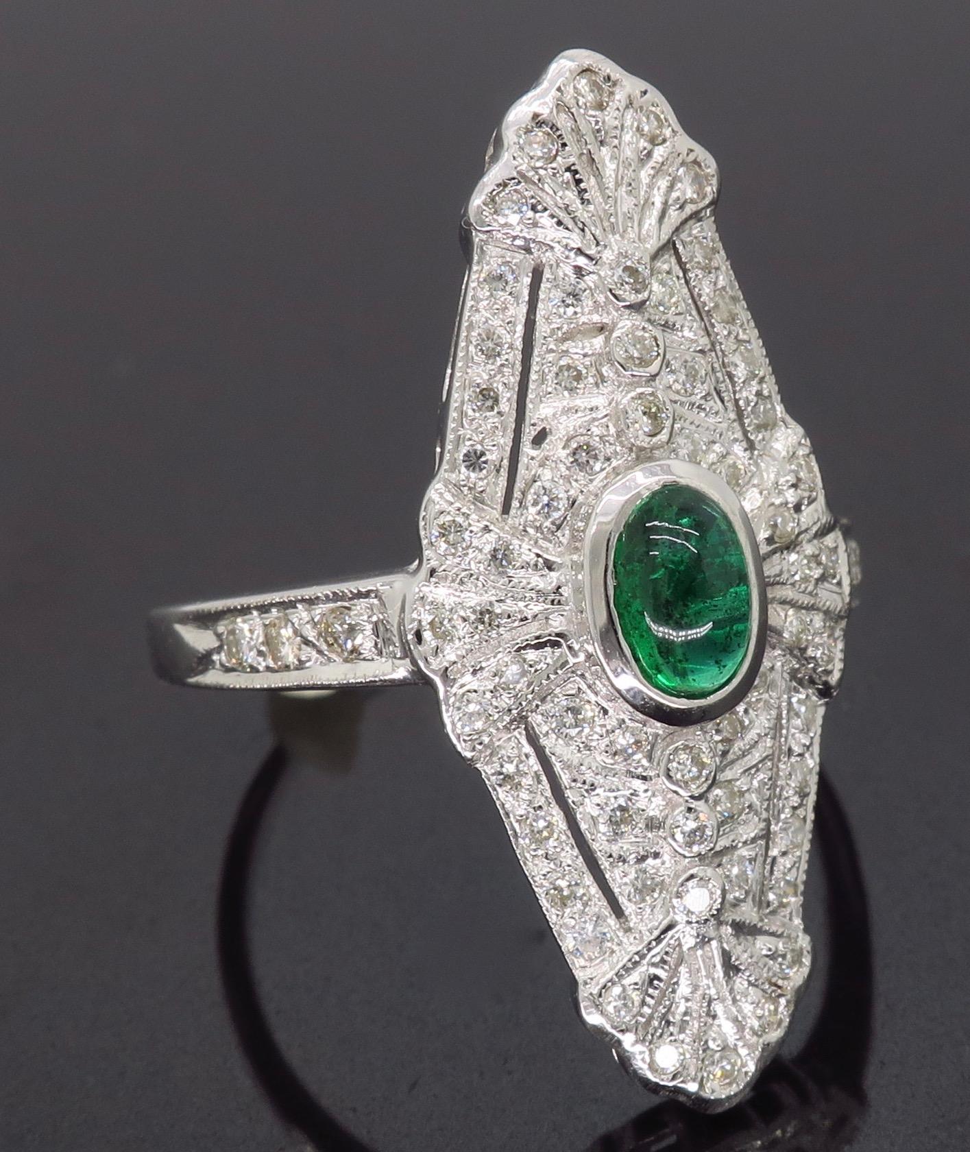 18 Karat White Gold Diamond and Emerald Navette Ring 2