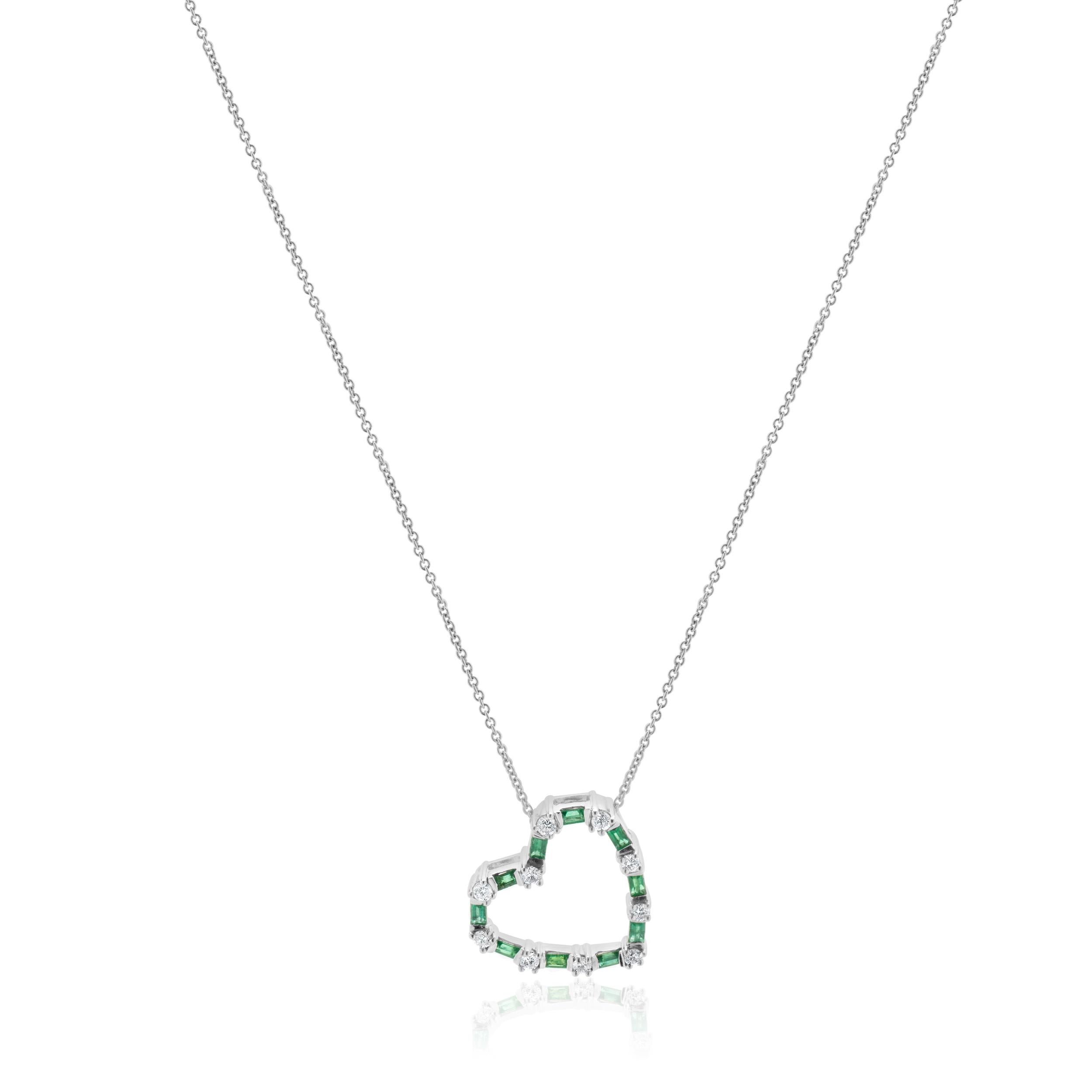 Designer: custom
Material: 18K white gold
Diamond: 10 round brilliant cut = 0.30cttw
Color: G
Clarity: VS2
Emerald: 10 baguette cut = 0.35cttw
Dimensions: necklace measures 16-inches in length
Weight: 5.12 grams

