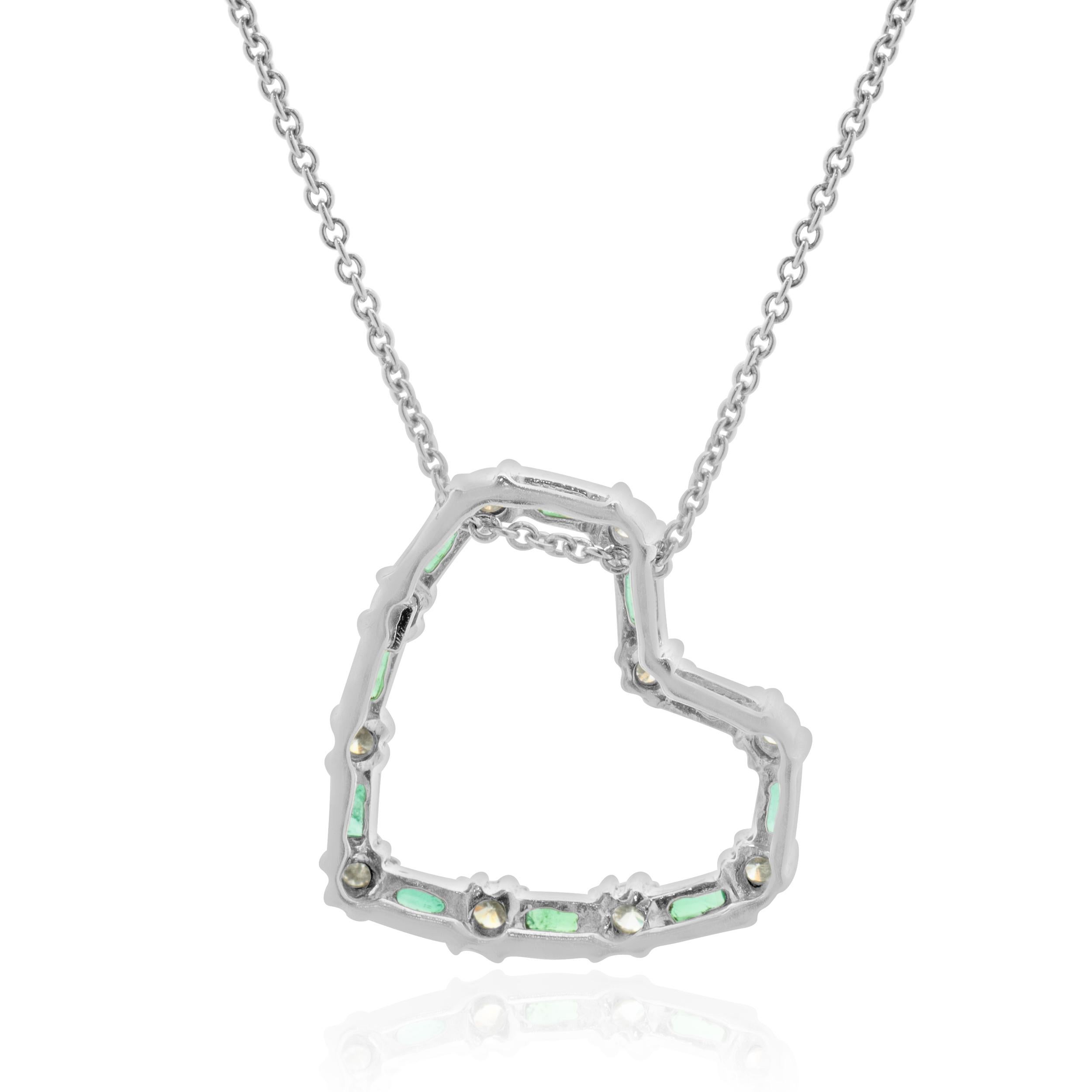 Baguette Cut 18 Karat White Gold Diamond and Emerald Open Heart Necklace For Sale