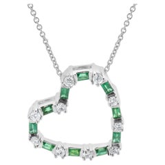 18 Karat White Gold Diamond and Emerald Open Heart Necklace